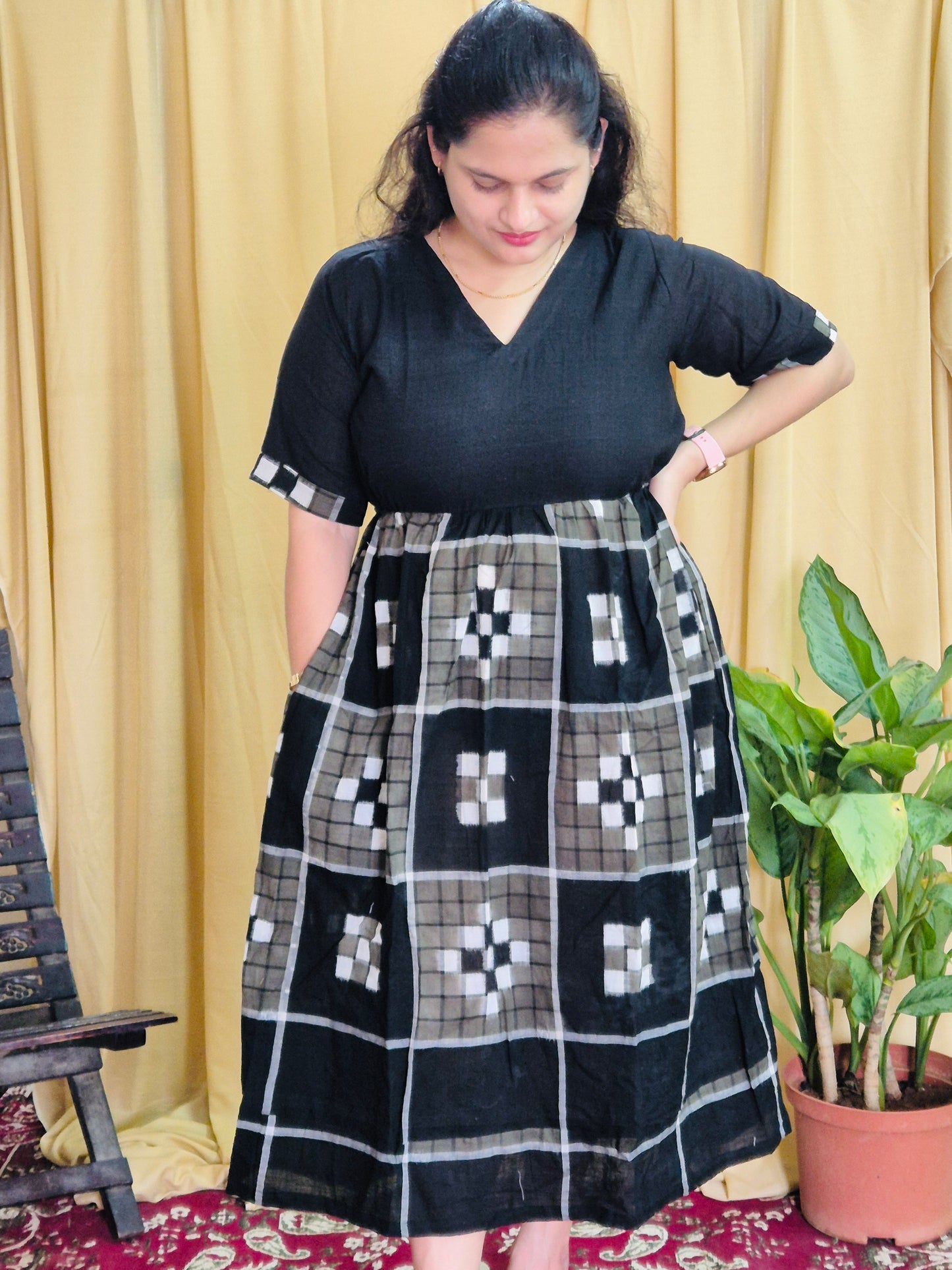 "Mayookha" Black, grey Sambalpuri Handloom Dress - Earthyweaves
