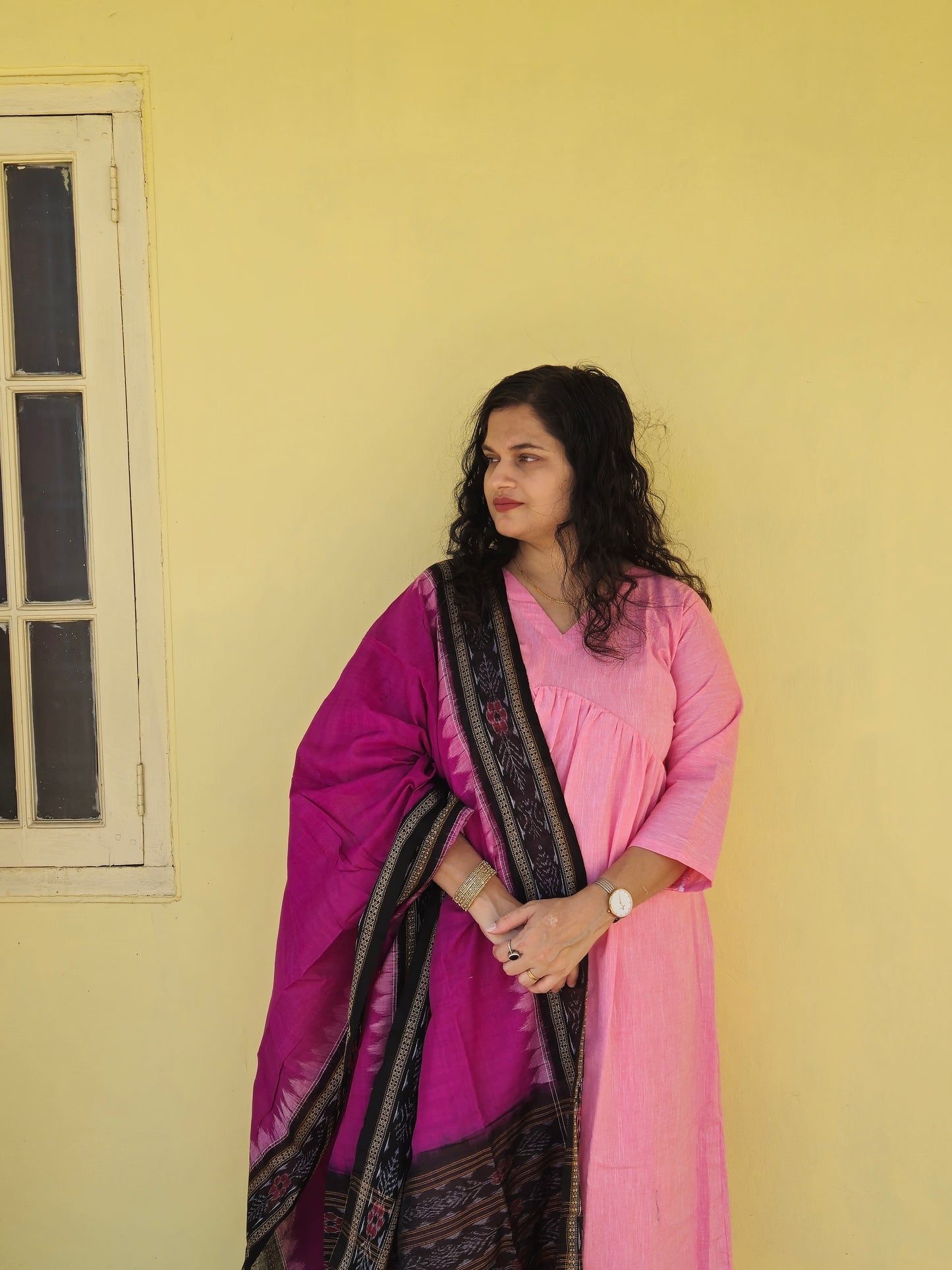 "GulabChitra" Blush pink Linen Co-ord Set with Sambalpuri Handloom Dupatta - Earthyweaves