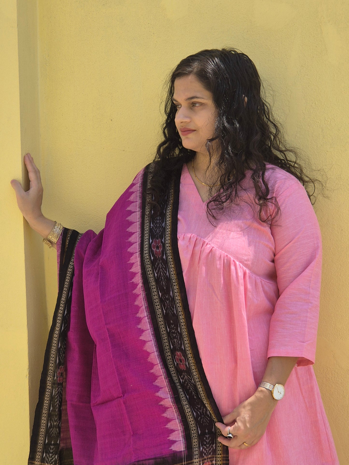 "GulabChitra" Blush pink Linen Co-ord Set with Sambalpuri Handloom Dupatta - Earthyweaves