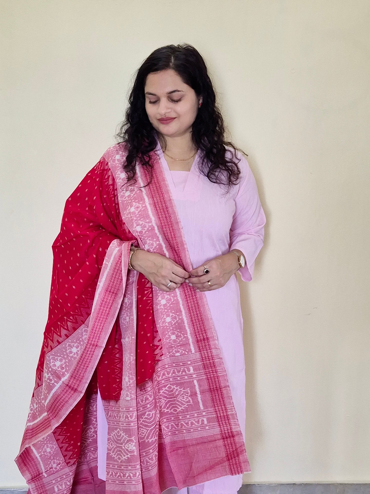 "Sharvani" Light Pink Linen Co-ord Set with Sambalpuri Handloom Dupatta - Earthyweaves