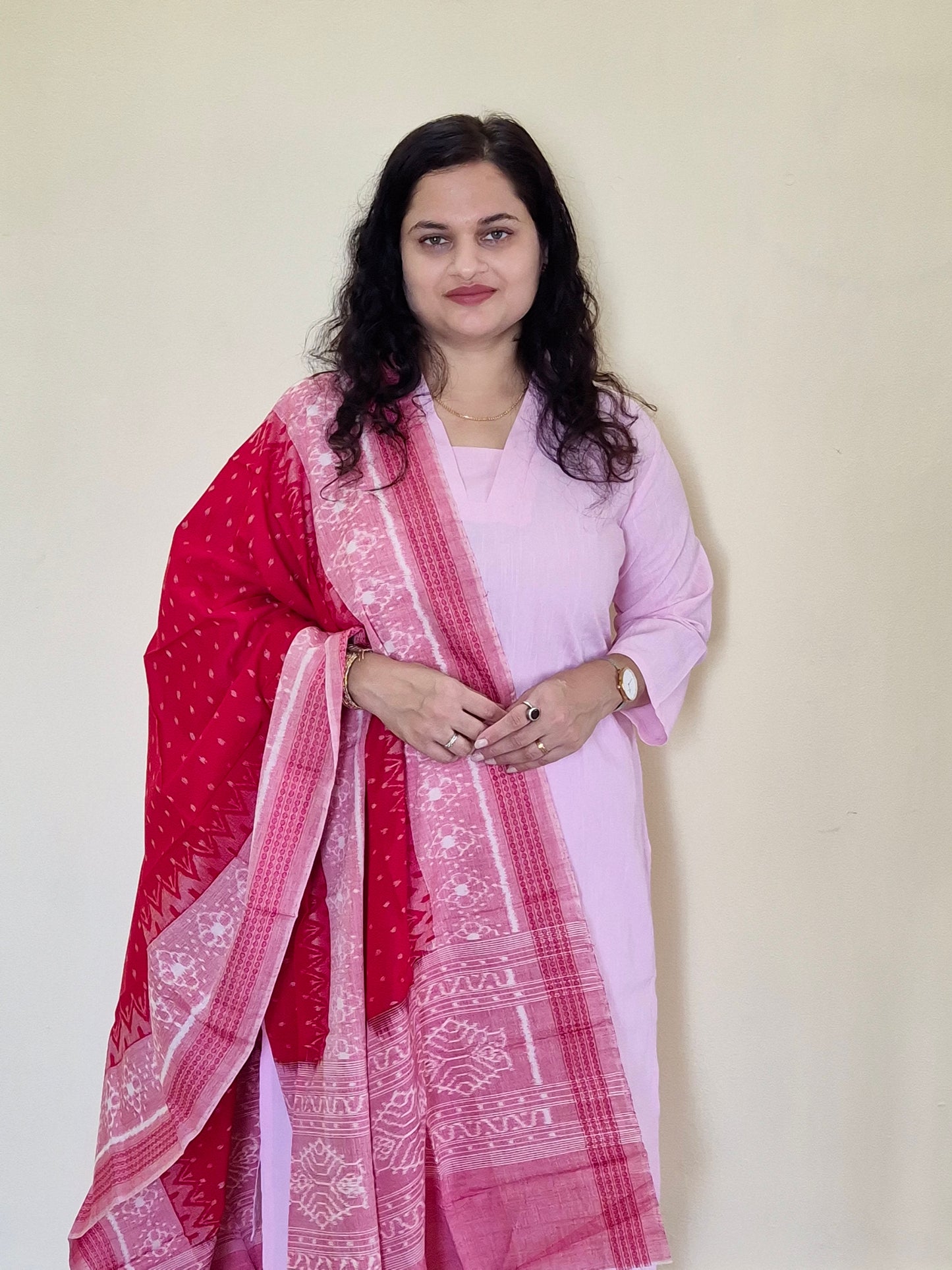 "Sharvani" Light Pink Linen Co-ord Set with Sambalpuri Handloom Dupatta - Earthyweaves