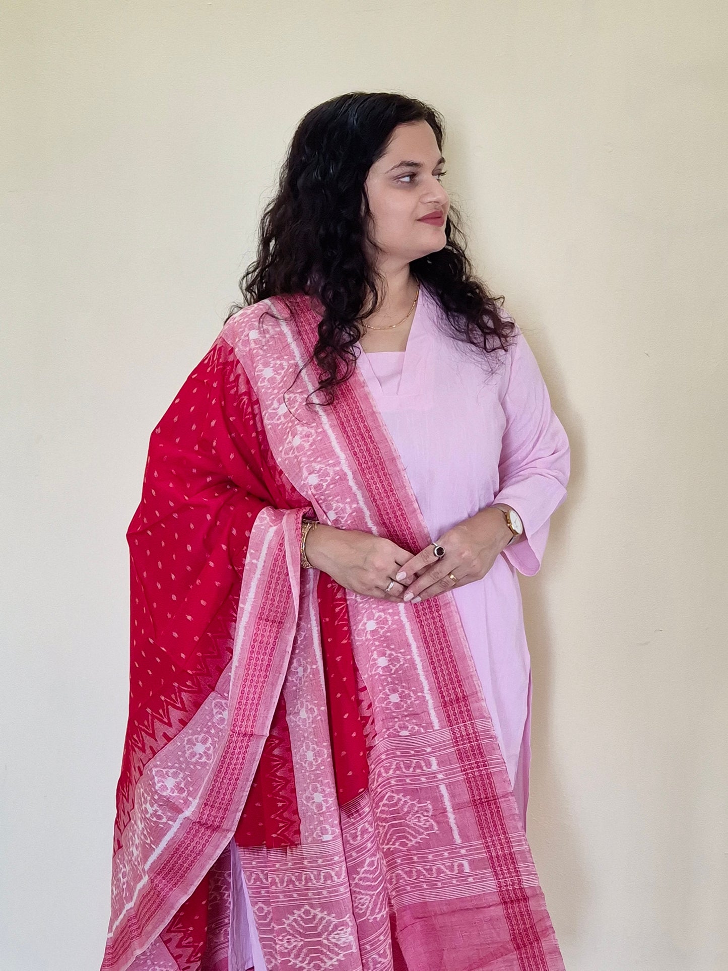 "Sharvani" Light Pink Linen Co-ord Set with Sambalpuri Handloom Dupatta - Earthyweaves