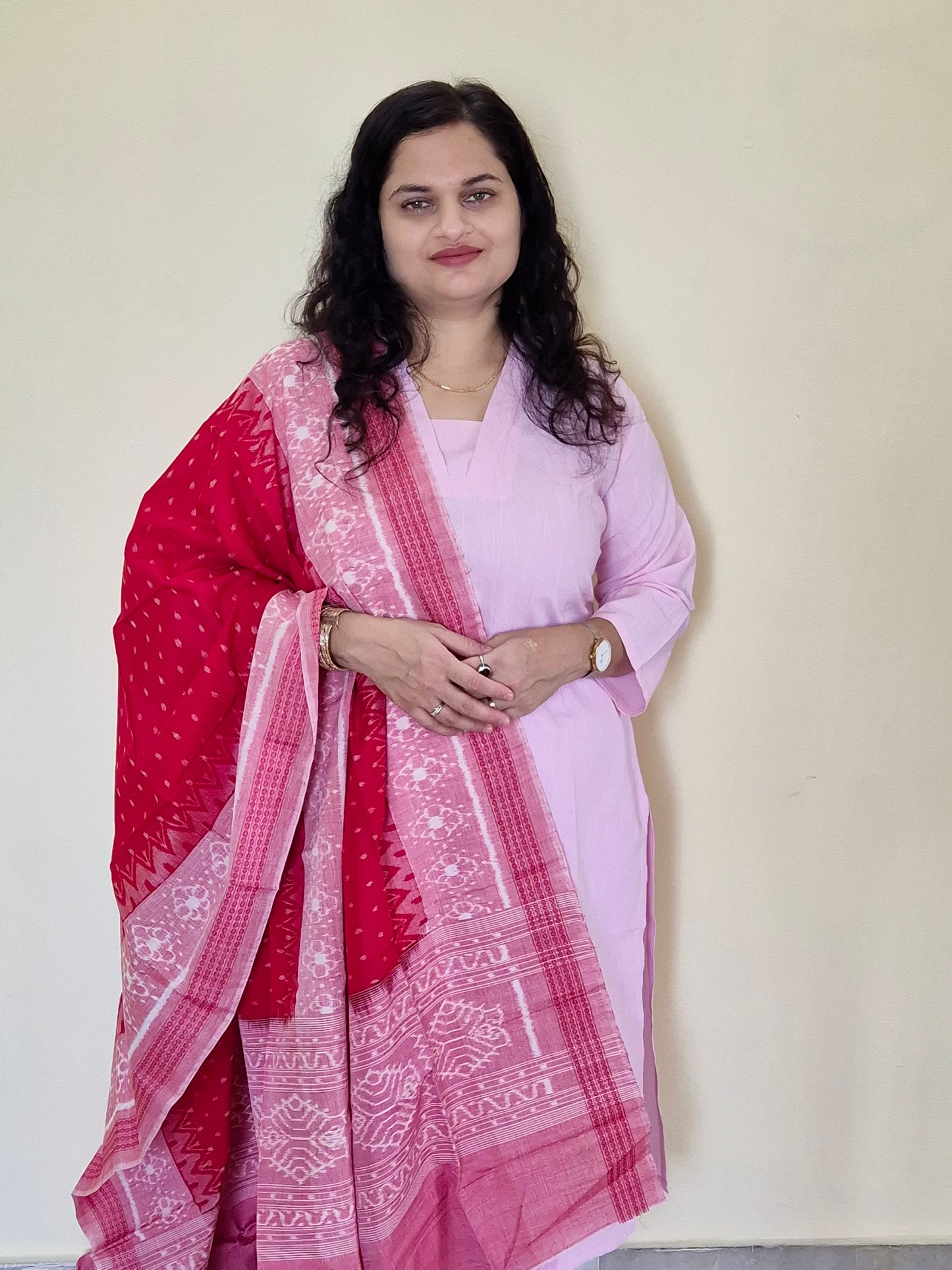 "Sharvani" Light Pink Linen Co-ord Set with Sambalpuri Handloom Dupatta - Earthyweaves
