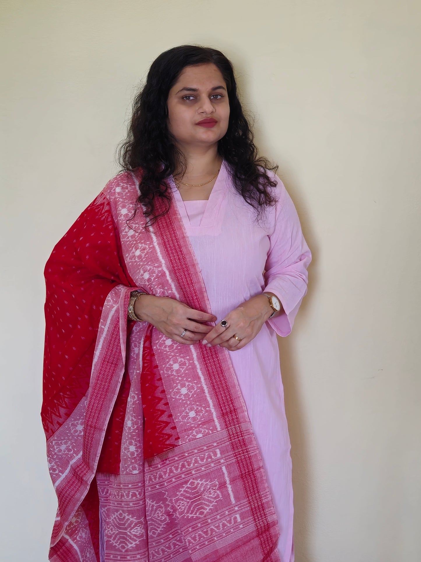 "Sharvani" Light Pink Linen Co-ord Set with Sambalpuri Handloom Dupatta - Earthyweaves