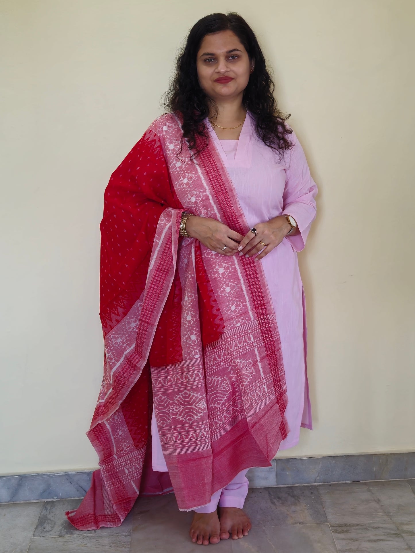 "Sharvani" Light Pink Linen Co-ord Set with Sambalpuri Handloom Dupatta - Earthyweaves