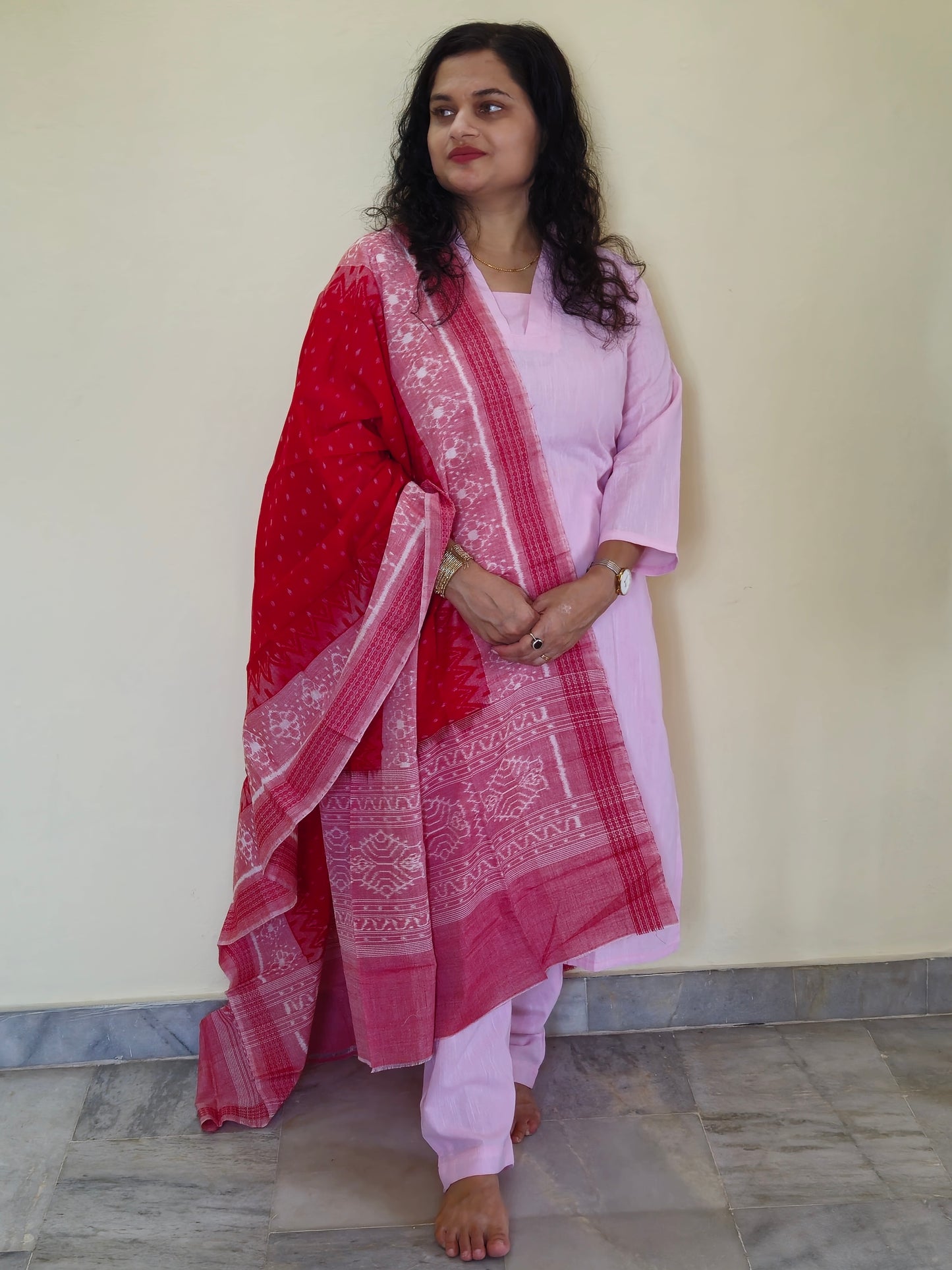"Sharvani" Light Pink Linen Co-ord Set with Sambalpuri Handloom Dupatta - Earthyweaves