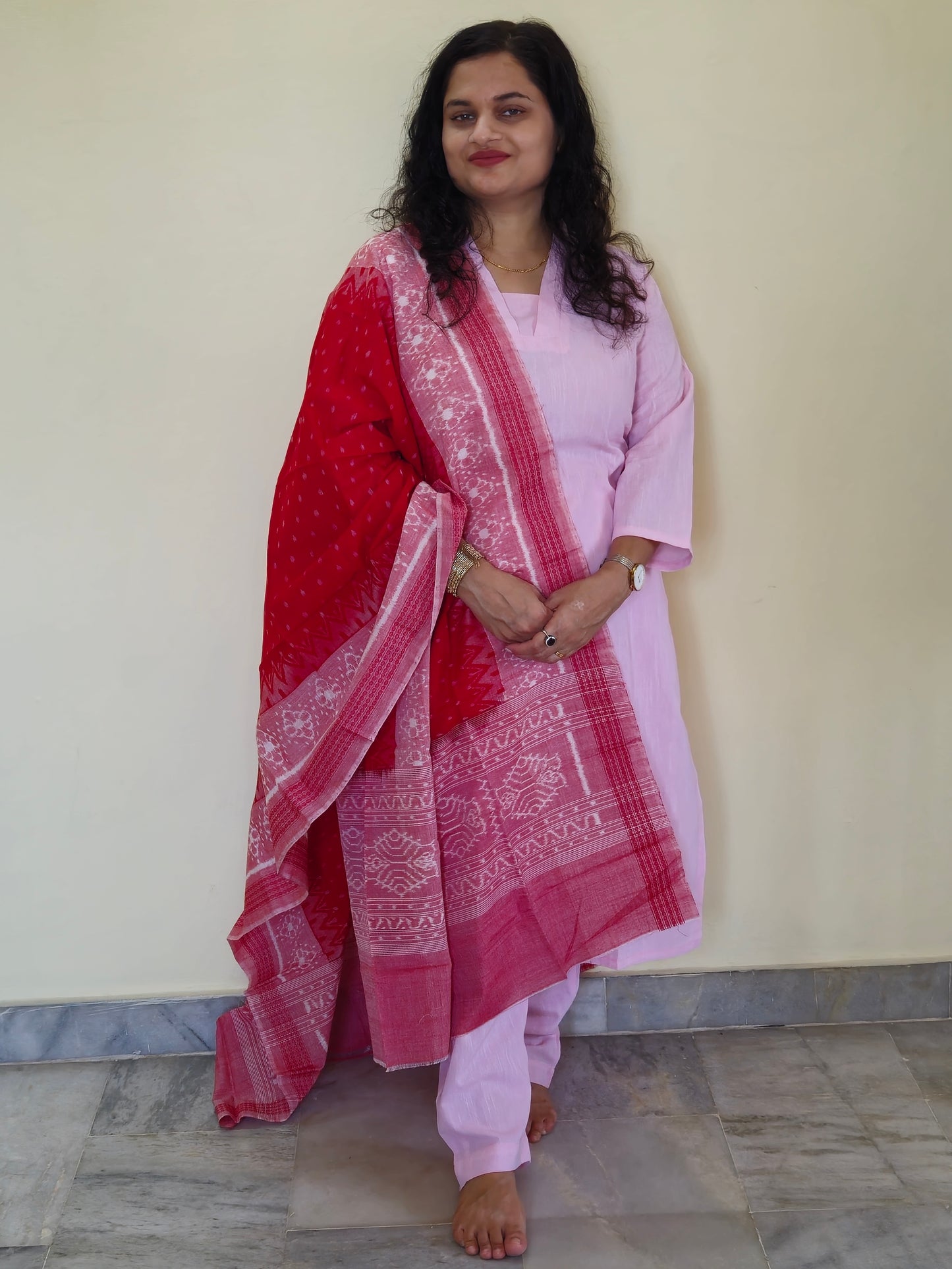 "Sharvani" Light Pink Linen Co-ord Set with Sambalpuri Handloom Dupatta - Earthyweaves