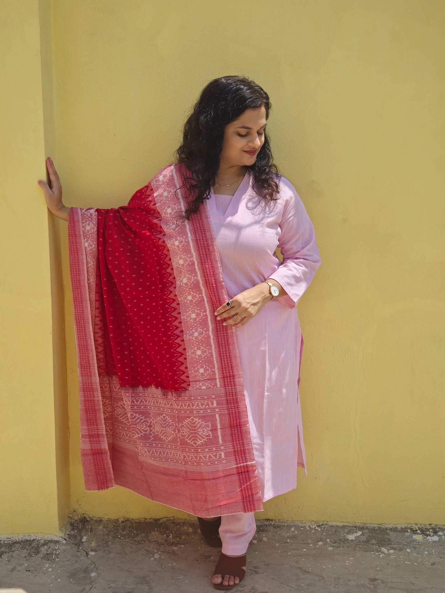 "Sharvani" Light Pink Linen Co-ord Set with Sambalpuri Handloom Dupatta - Earthyweaves