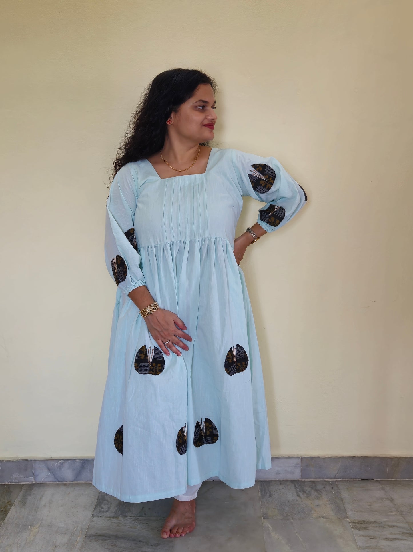 "Neerja" Patchwork Aqua Blue Linen Dress - Earthyweaves