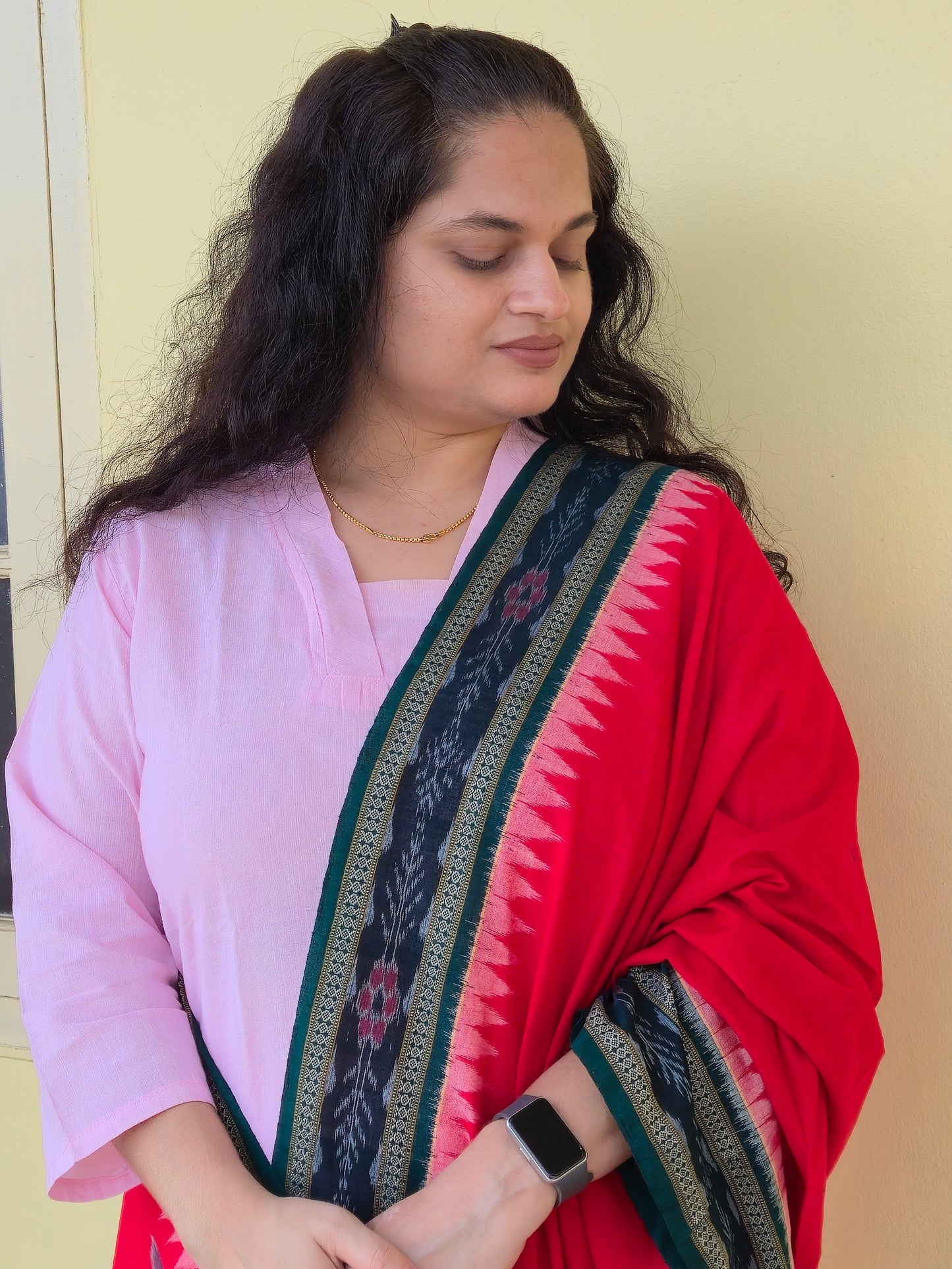 Red with green border Sambalpuri Dupatta - Earthyweaves