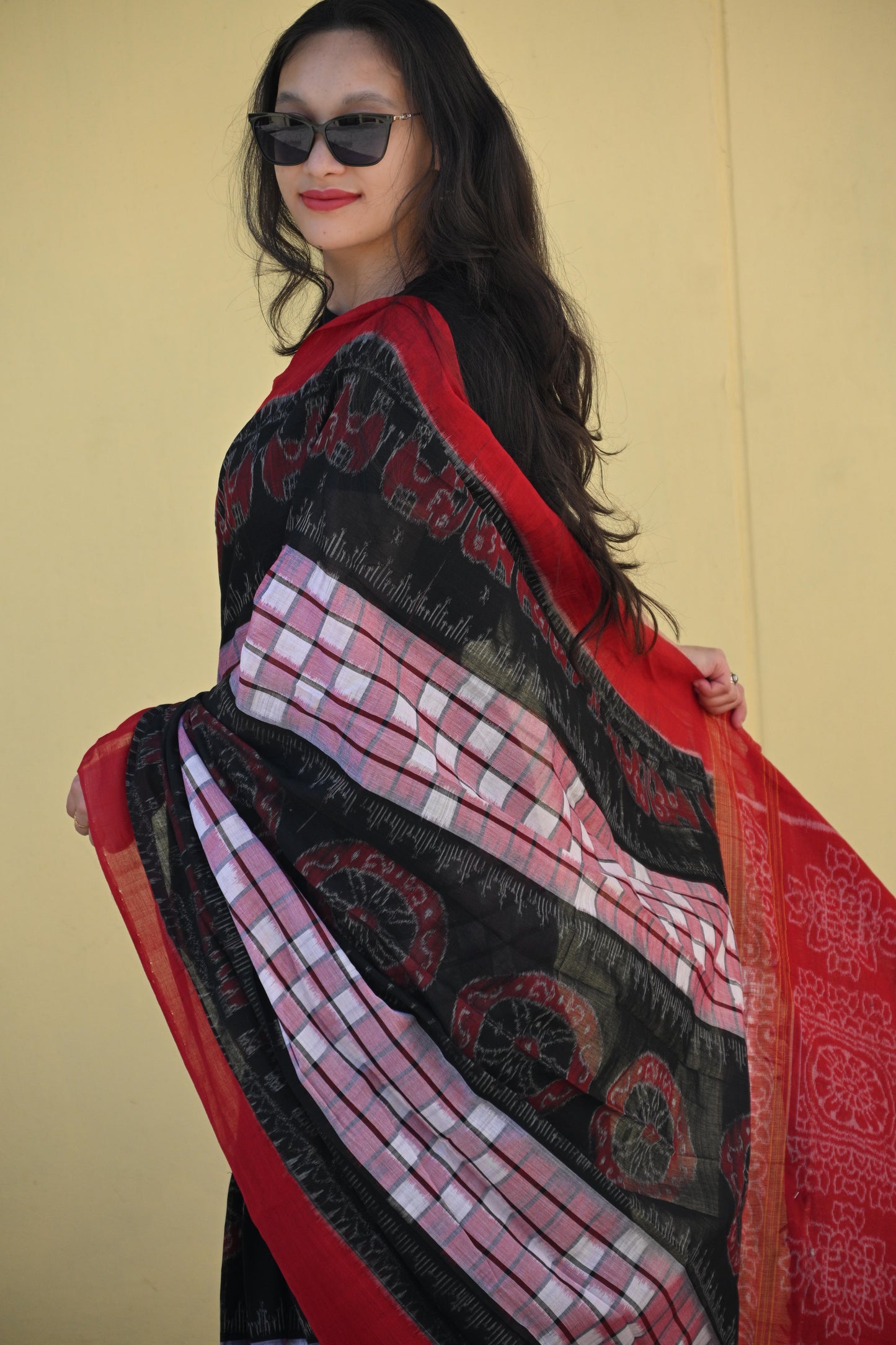 Pink, Red and Black Sambalpuri Handloom Saree - Earthyweaves