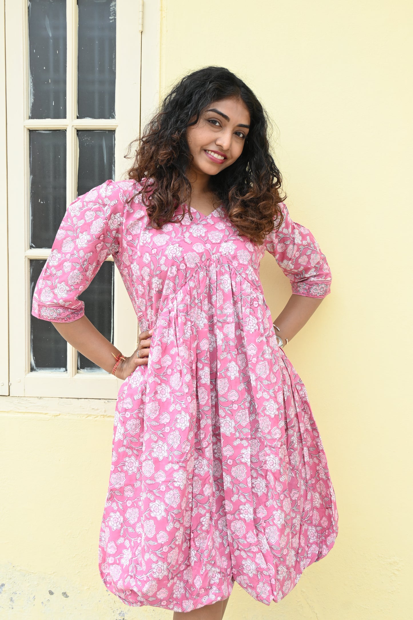 "Mrinala" Pink Floral Blockprint Dress