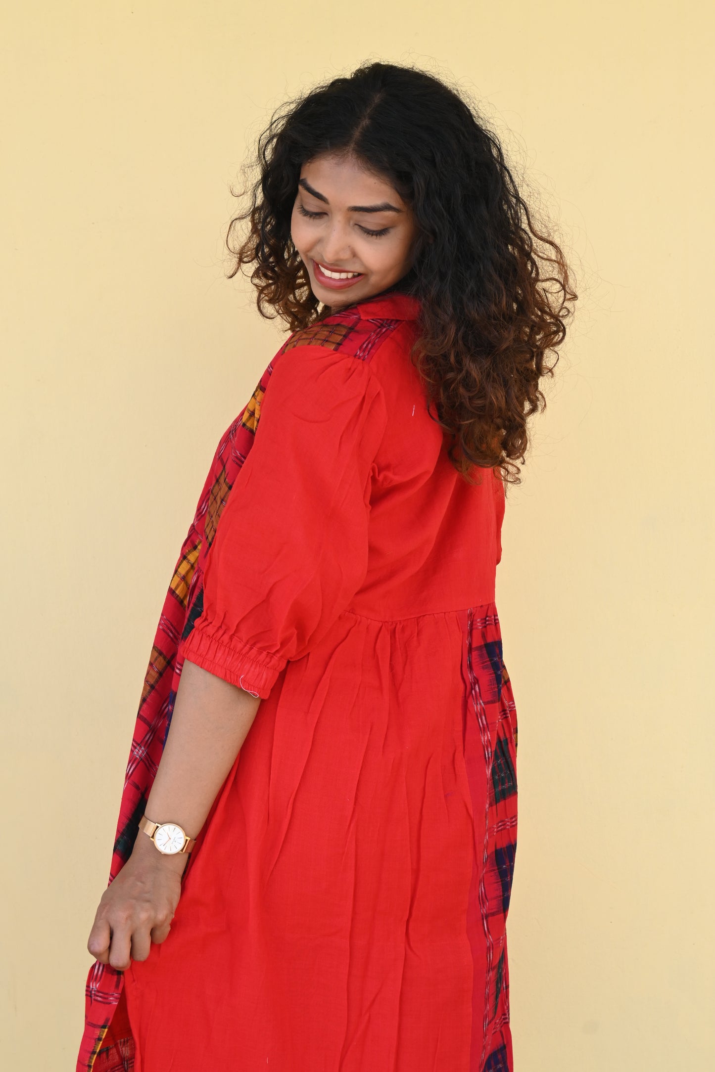 "Rohini" Red Sambalpuri Handloom & Linen Dress