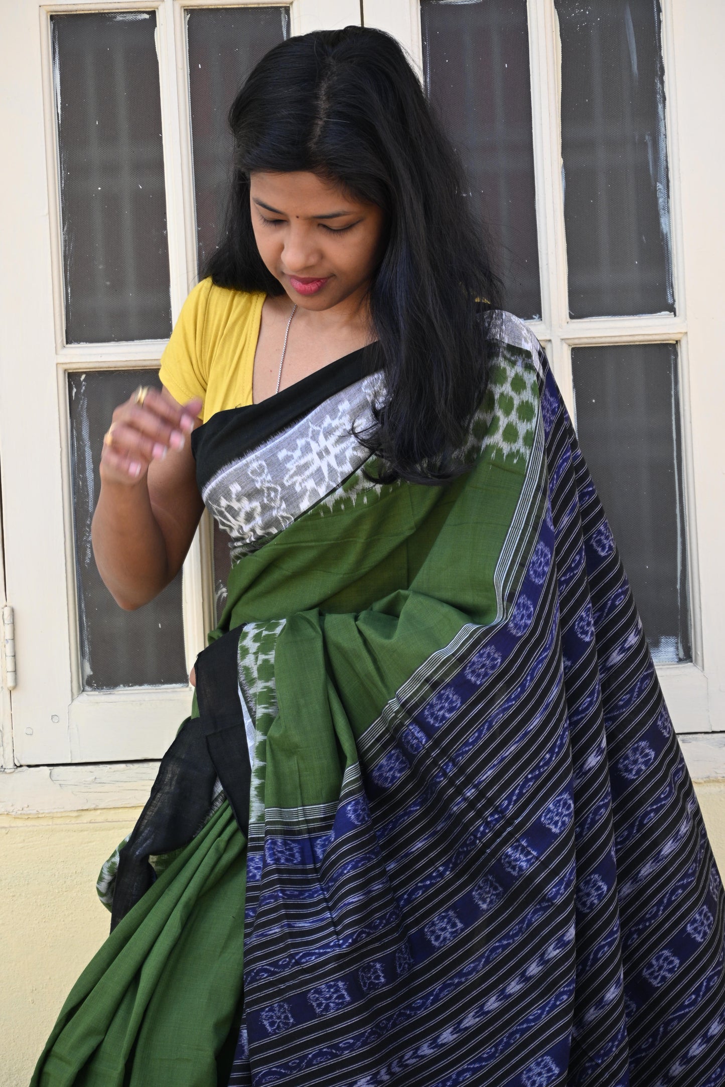 Olive Green, Black and Indigo Sambalpuri Cotton Saree - Earthyweaves