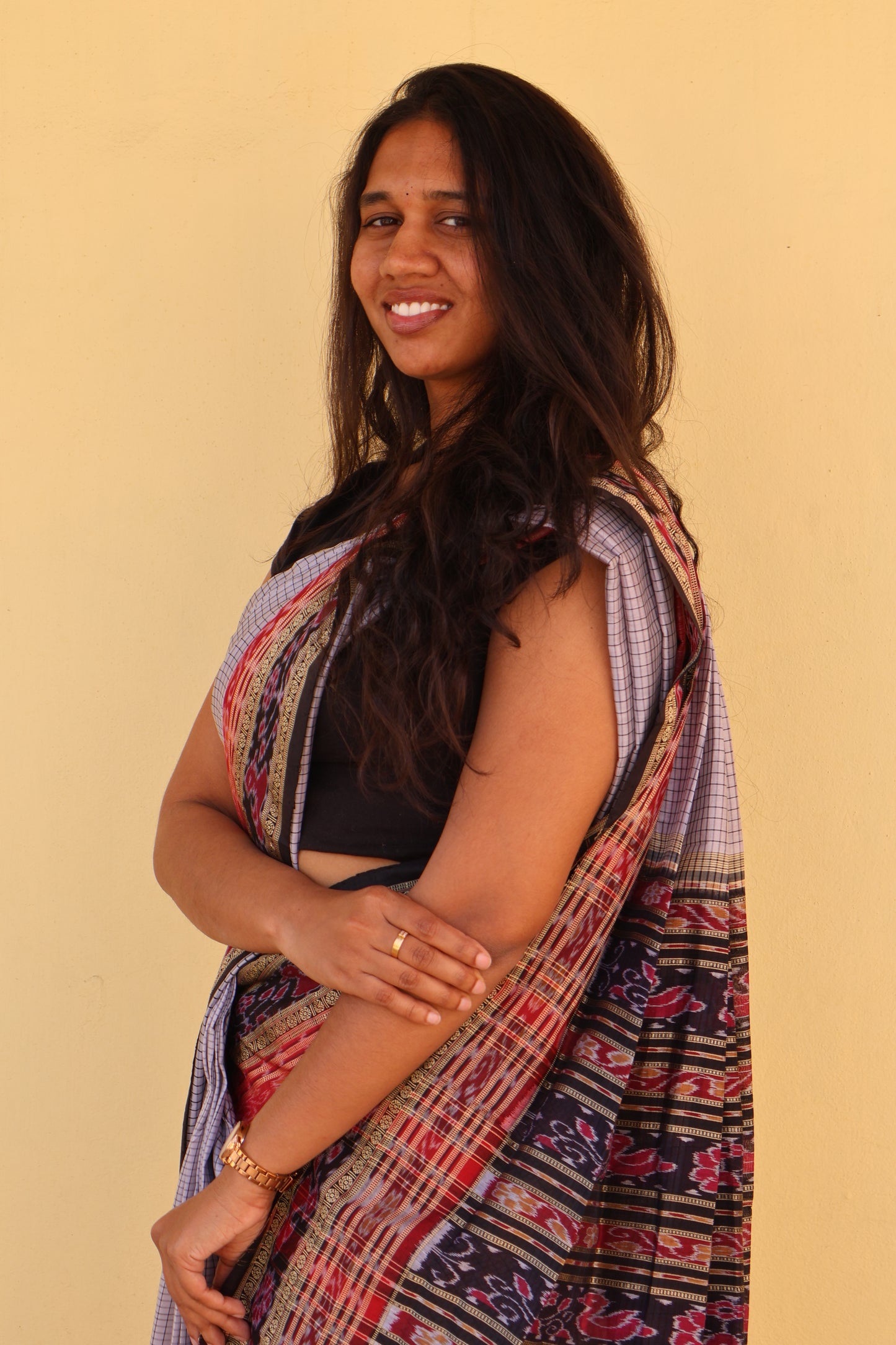 Off-White, Black & Red Khandua Silk Saree - Earthyweaves