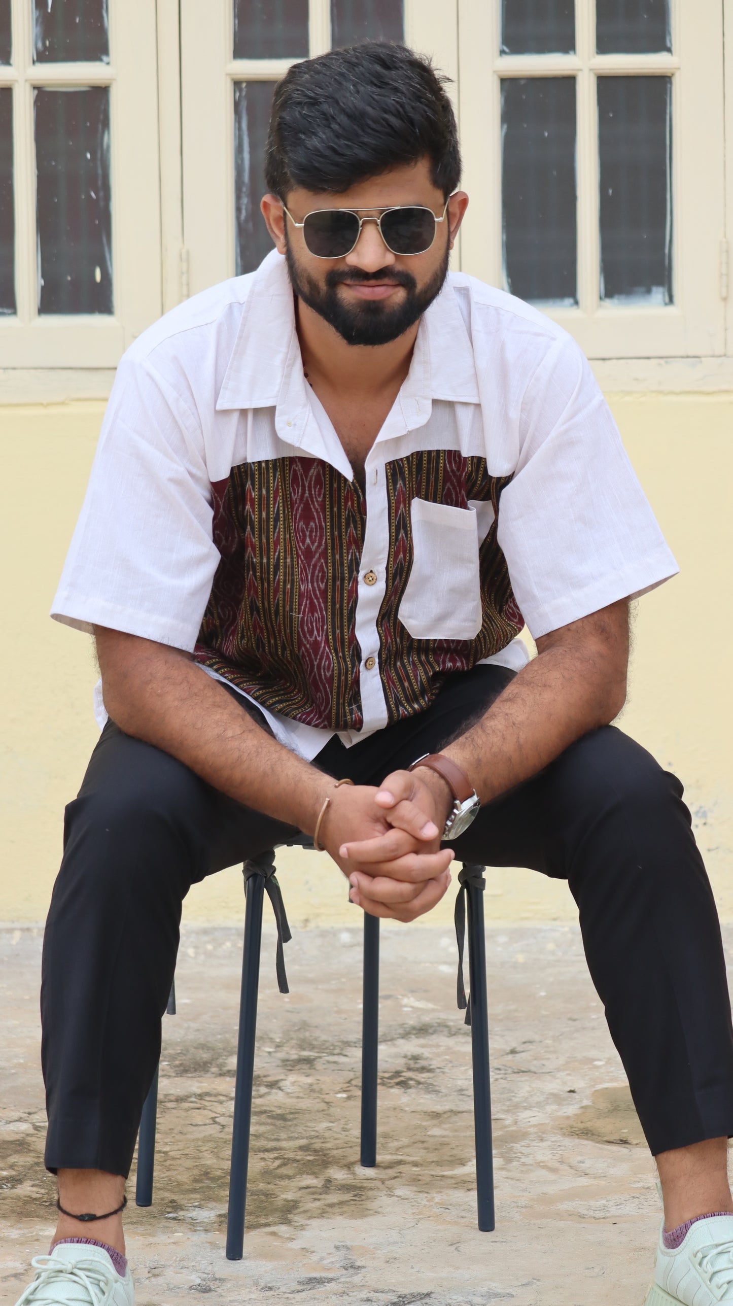 White and Black Handloom Cotton Unisex Shirt