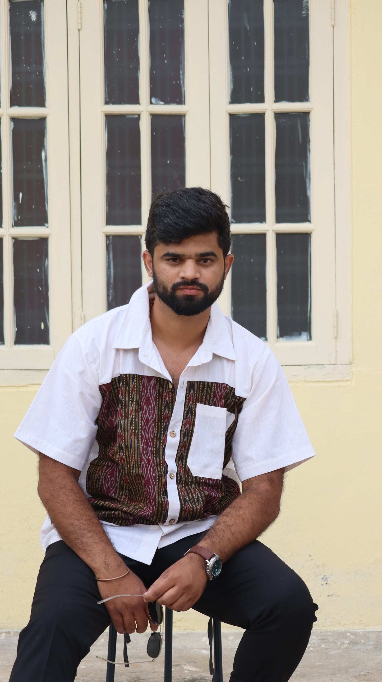 White and Black Handloom Cotton Unisex Shirt