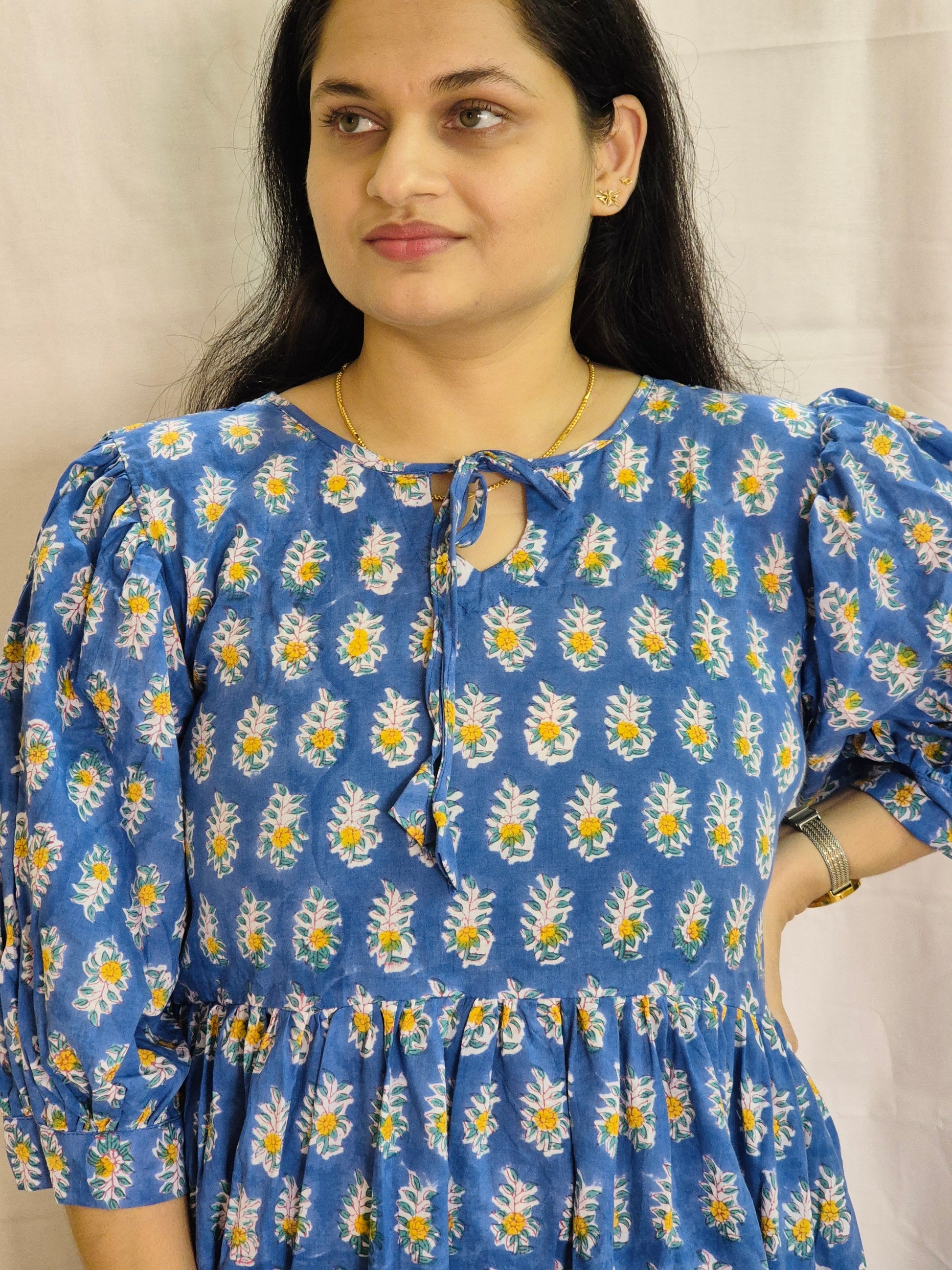 Nalika Blue Floral Blockprint Dress - Earthyweaves