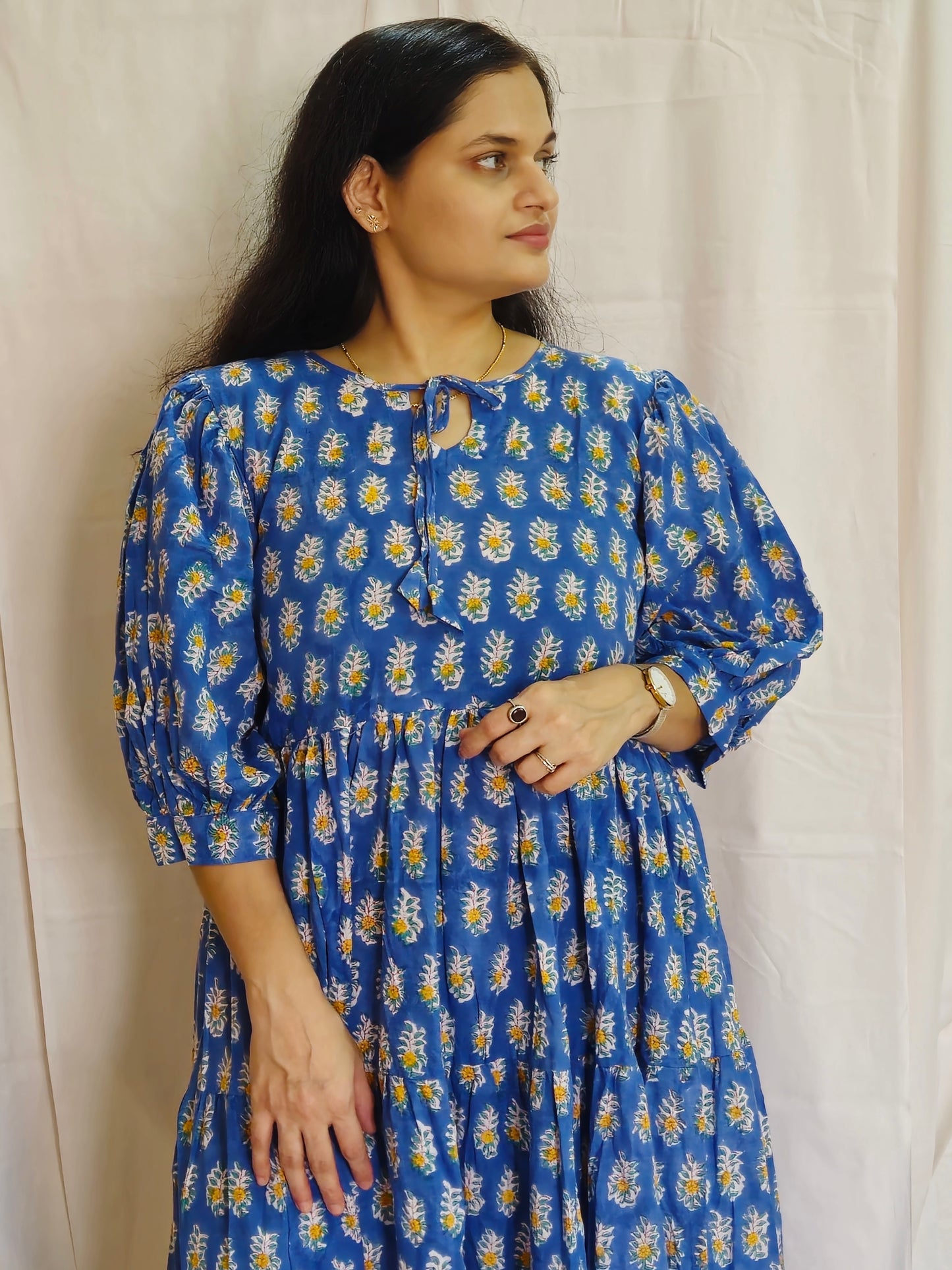 Nalika Blue Floral Blockprint Dress - Earthyweaves