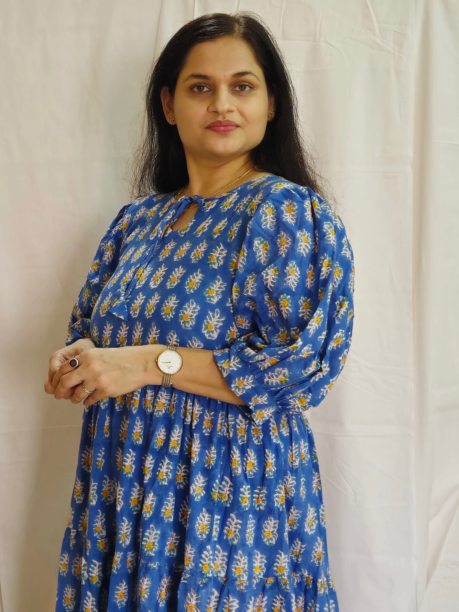 Nalika Blue Floral Blockprint Dress - Earthyweaves