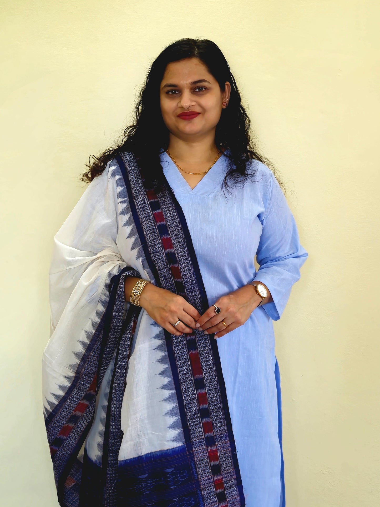"Neelkanti" Blue Linen Co-ord Set with Sambalpuri Handloom Dupatta - Earthyweaves