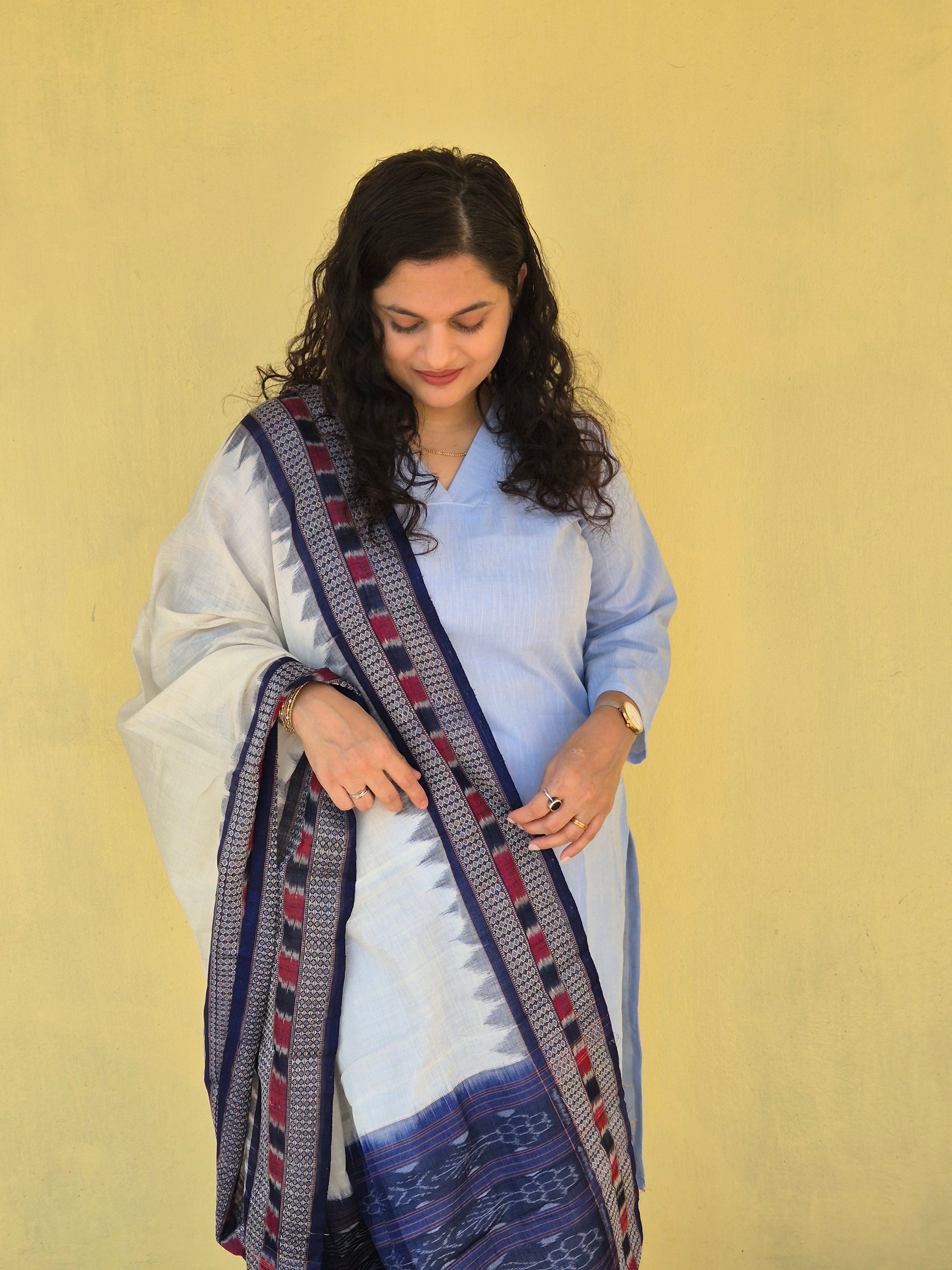 White & Blue Border Sambalpuri Dupatta - Earthyweaves