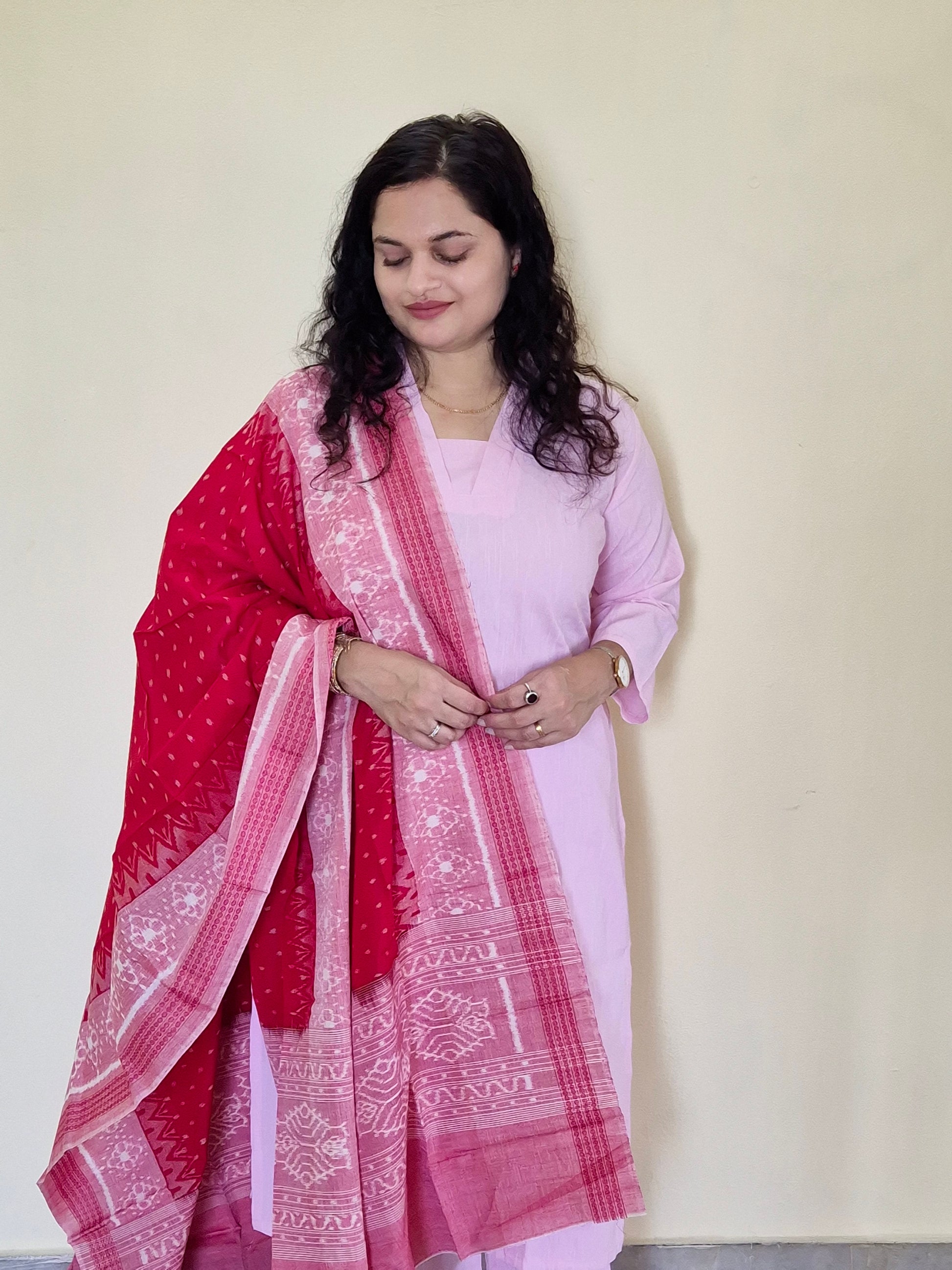 "Sharvani" Light Pink Linen Co-ord Set with Sambalpuri Handloom Dupatta - Earthyweaves