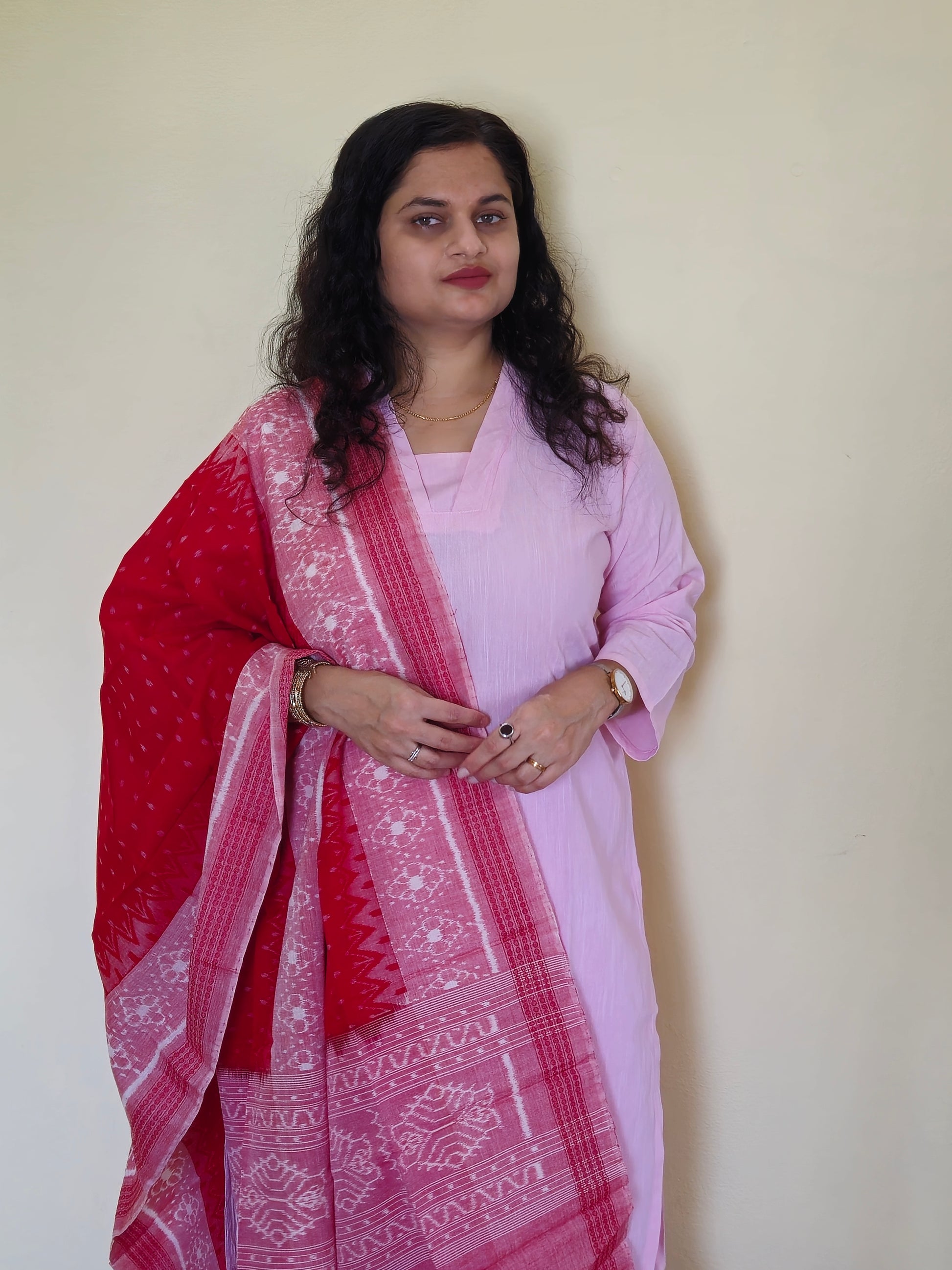 "Sharvani" Light Pink Linen Co-ord Set with Sambalpuri Handloom Dupatta - Earthyweaves