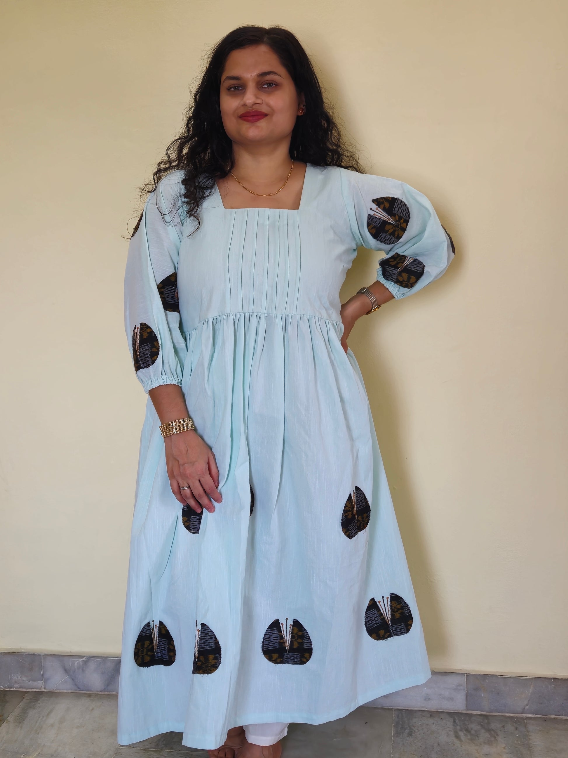 "Neerja" Patchwork Aqua Blue Linen Dress - Earthyweaves
