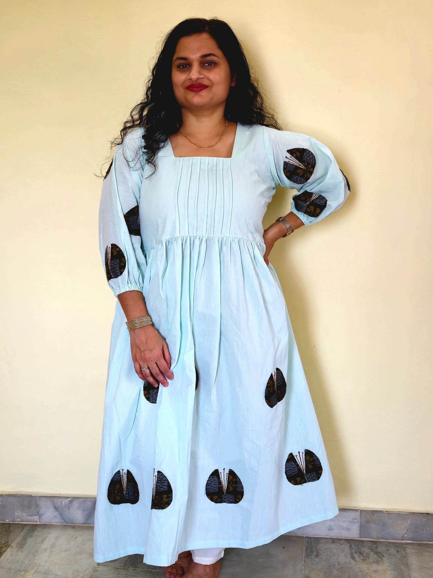 "Neerja" Patchwork Aqua Blue Linen Dress - Earthyweaves