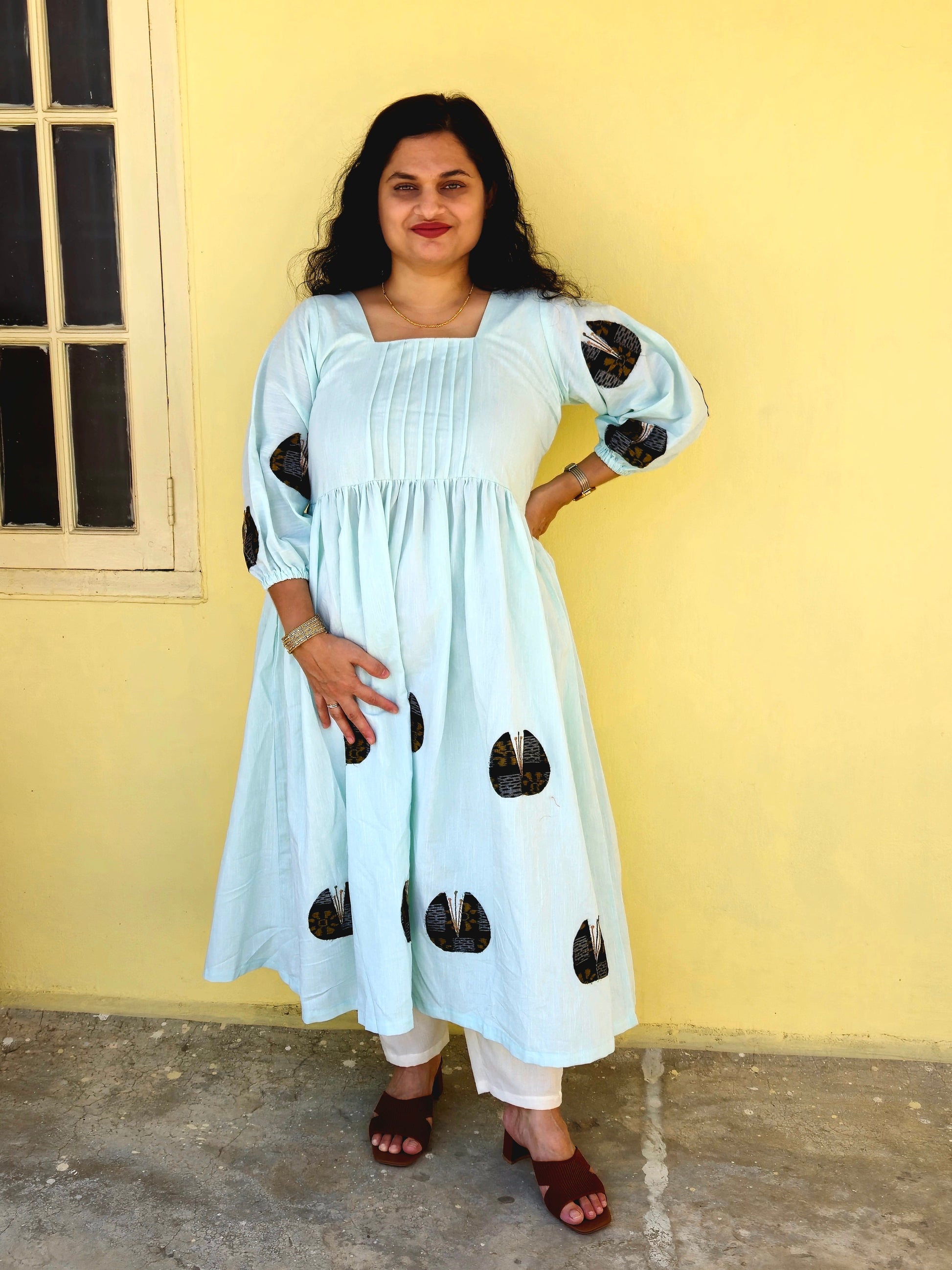 "Neerja" Patchwork Aqua Blue Linen Dress - Earthyweaves