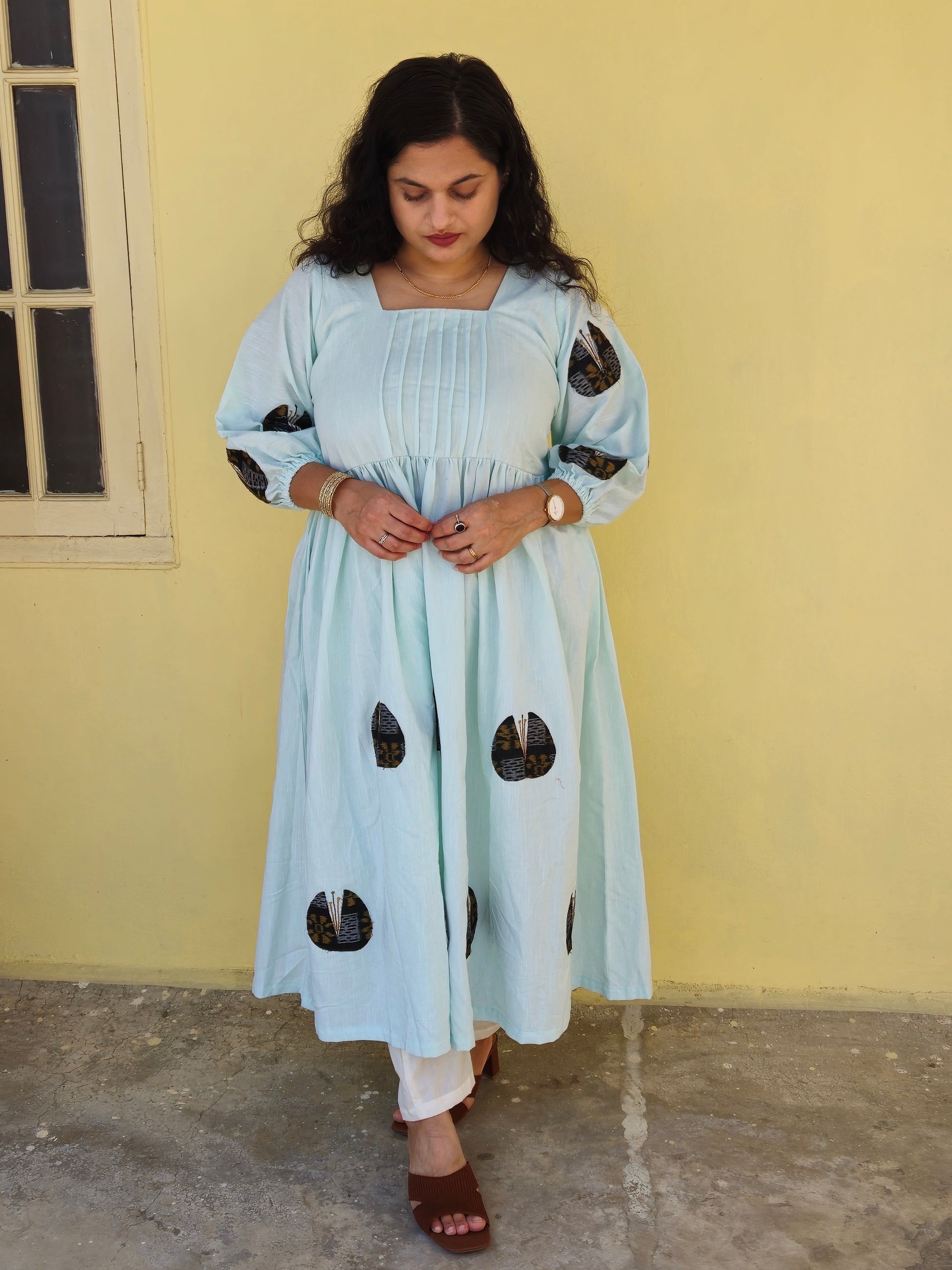 "Neerja" Patchwork Aqua Blue Linen Dress - Earthyweaves