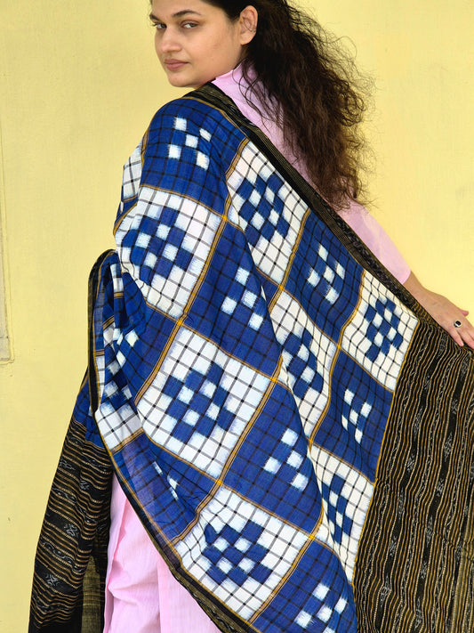 Blue and White Pasapally Sambalpuri Dupatta - Earthyweaves