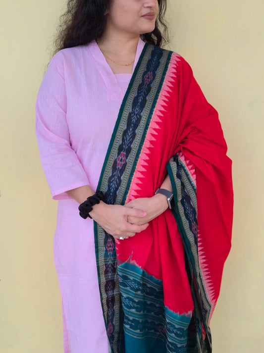 Red with green border Sambalpuri Dupatta - Earthyweaves