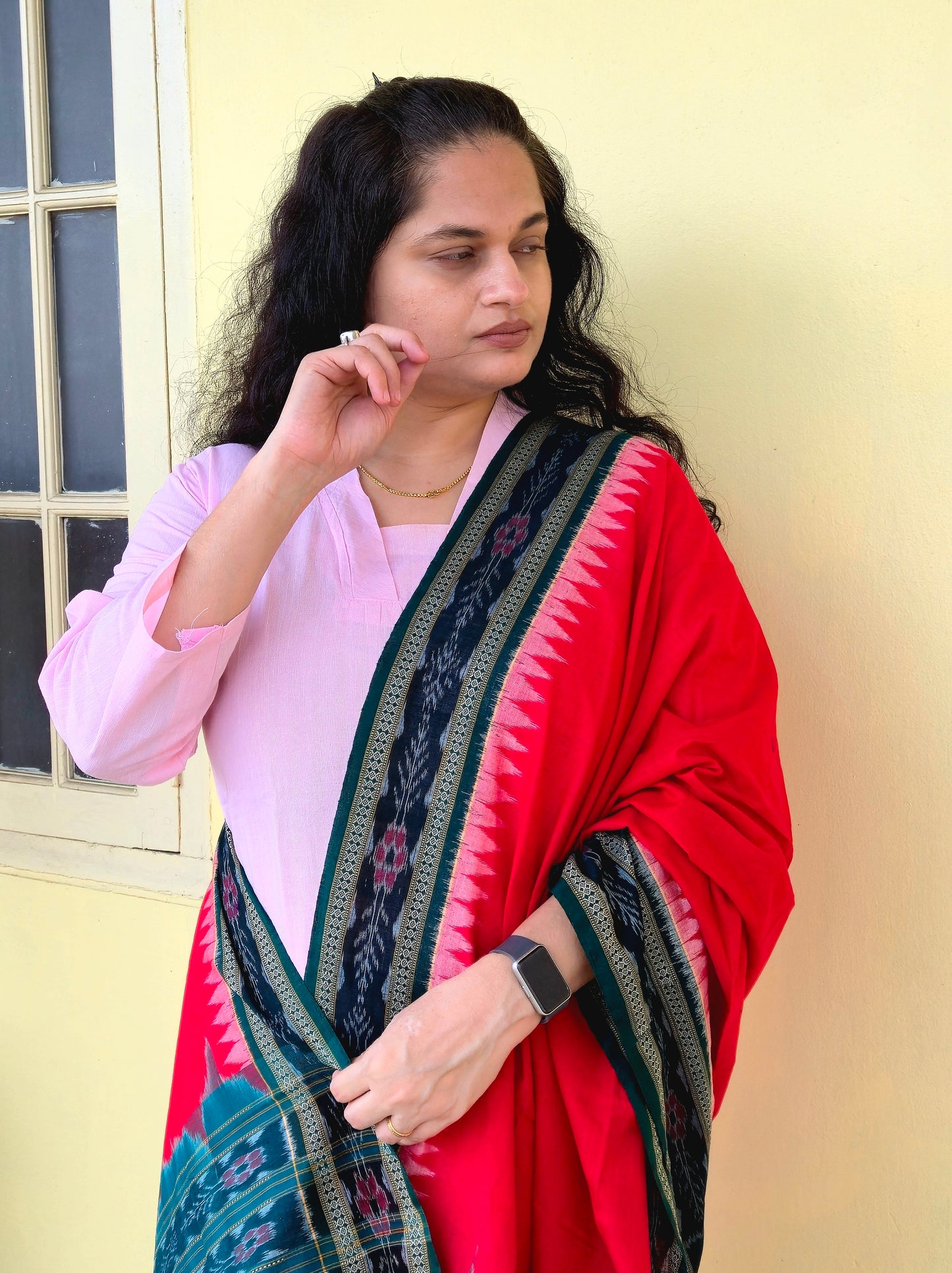 Red with green border Sambalpuri Dupatta - Earthyweaves