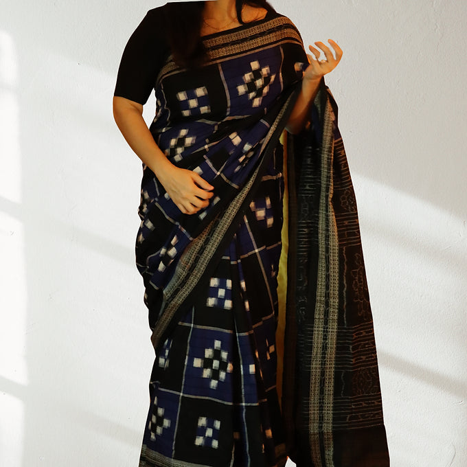 "Charukriti" Blue Sambalpuri Cotton Saree - Earthyweaves