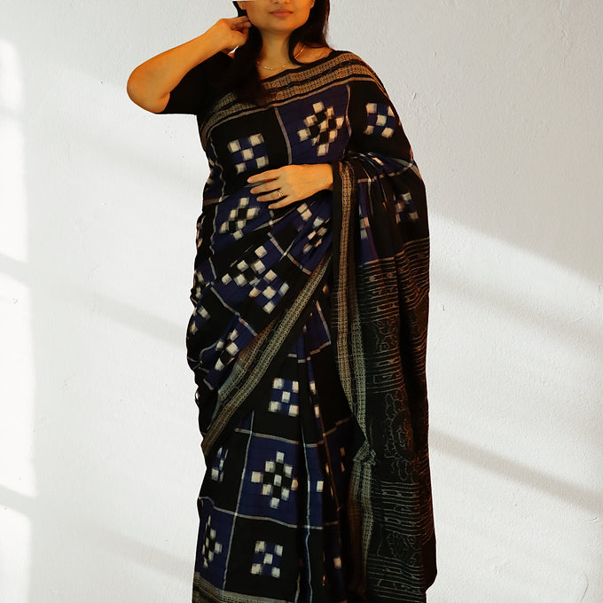 "Charukriti" Blue Sambalpuri Cotton Saree - Earthyweaves