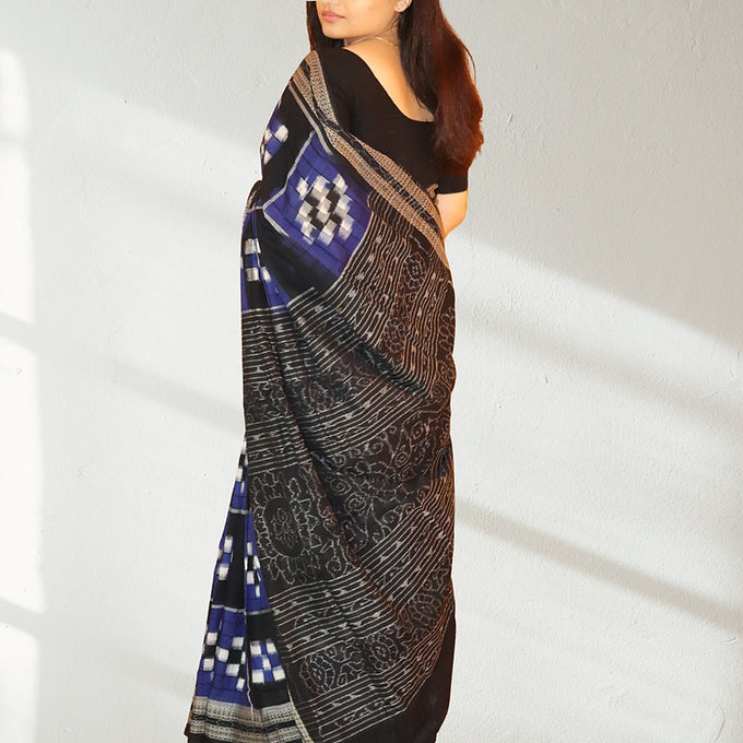 "Charukriti" Blue Sambalpuri Cotton Saree - Earthyweaves