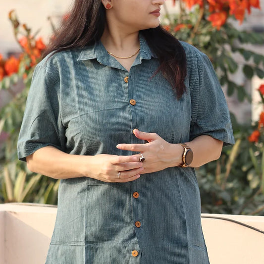 Green Handloom Cotton Unisex Shirt - Earthyweaves