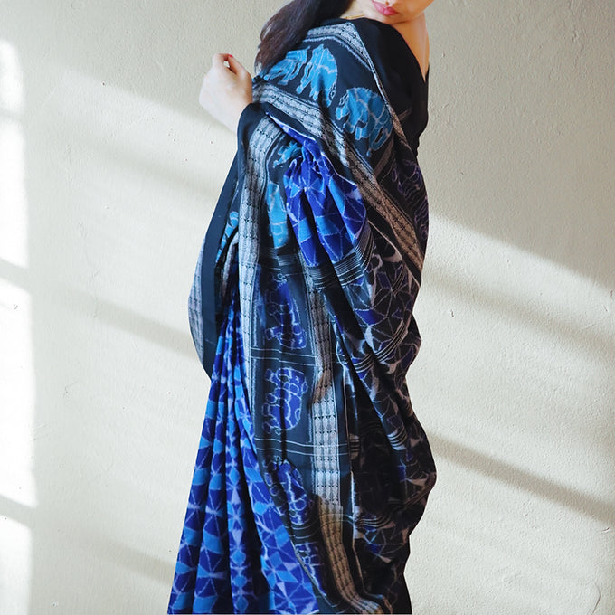 "Gajakriti" Blue Sambalpuri Cotton Saree - Earthyweaves