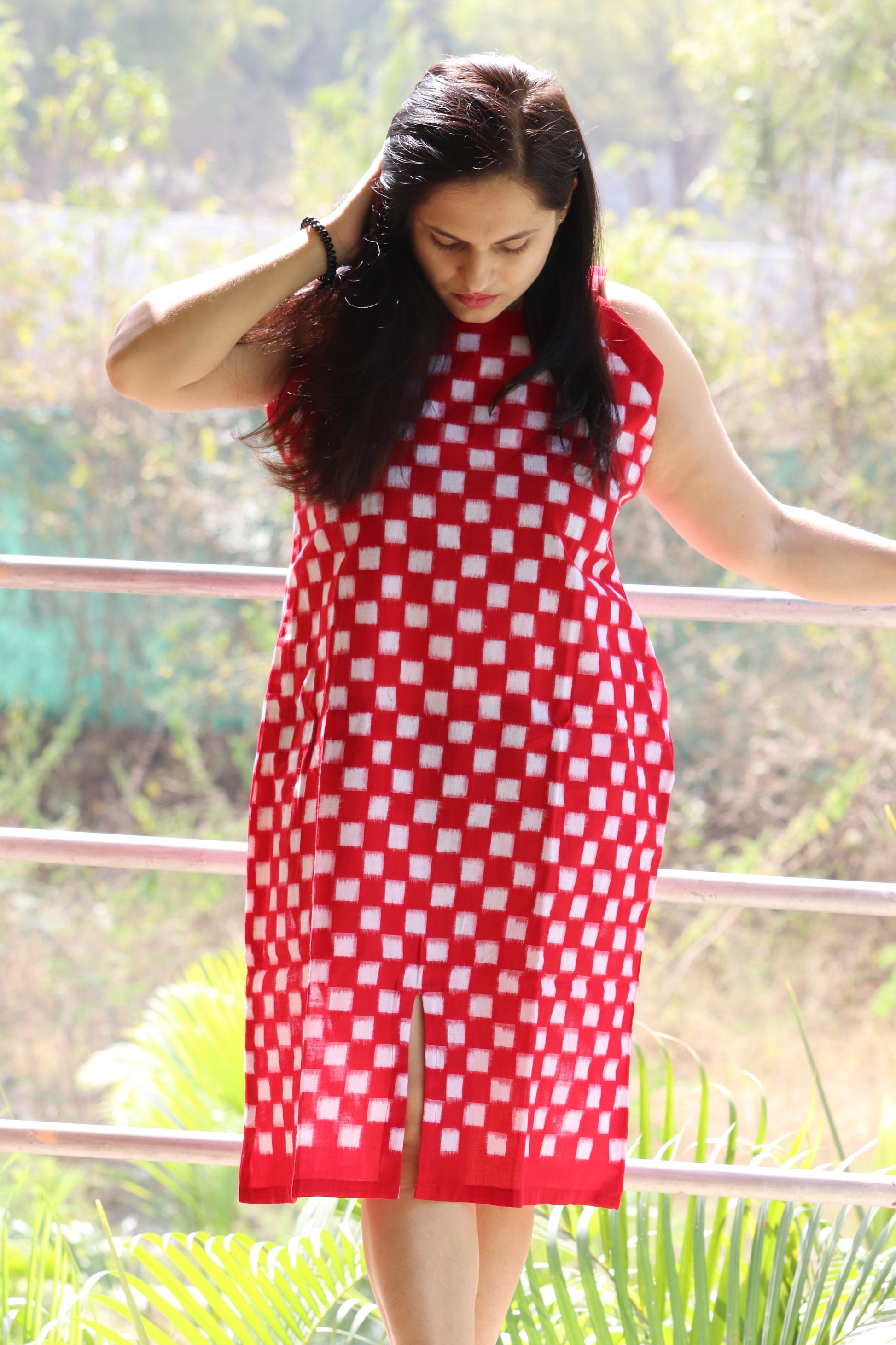 "AnandaChhaya" Red Sambalpuri Dress - Earthyweaves