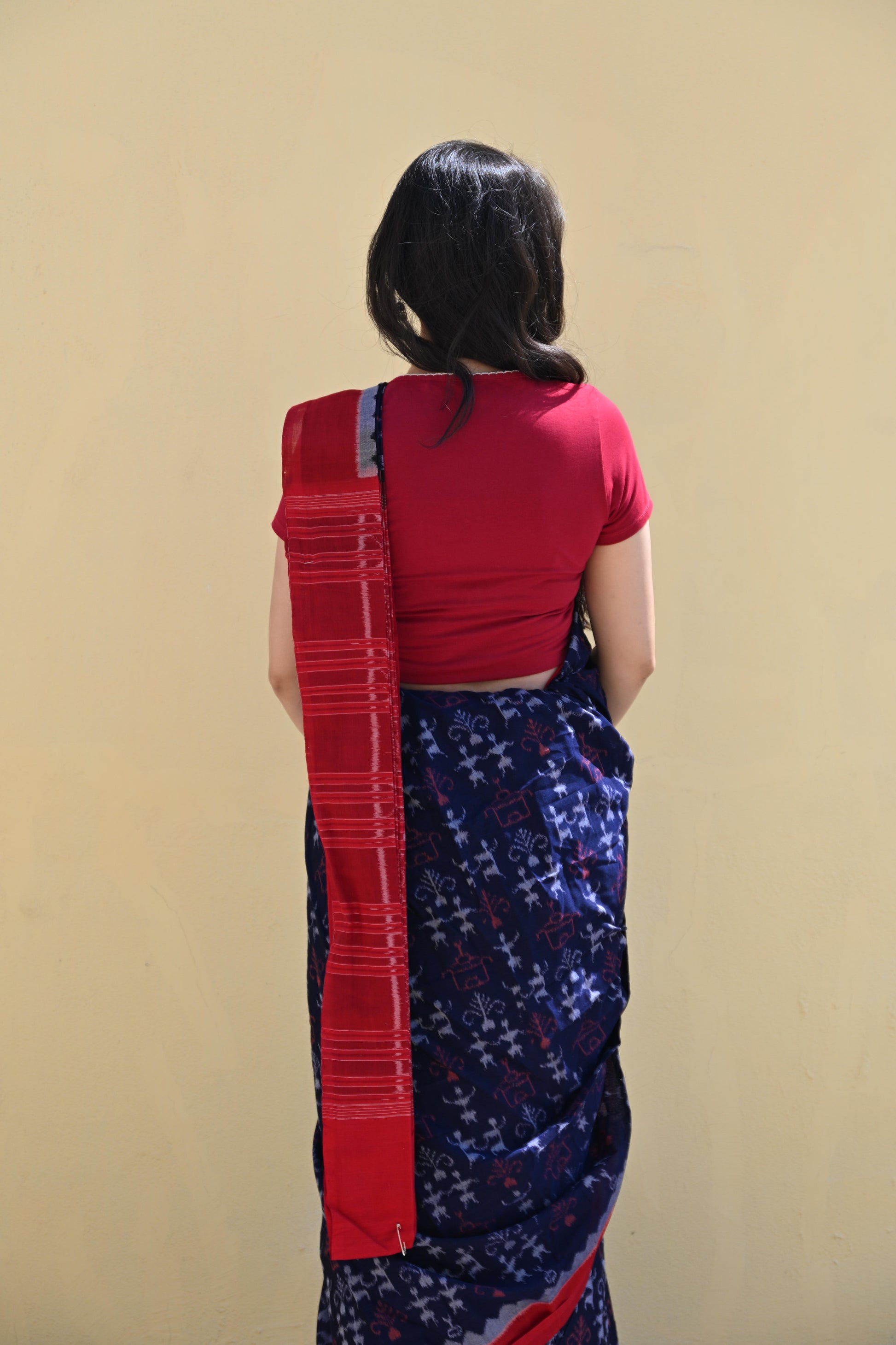 Midnight Blue Sambalpuri Handloom Saree with Red Border - Earthyweaves