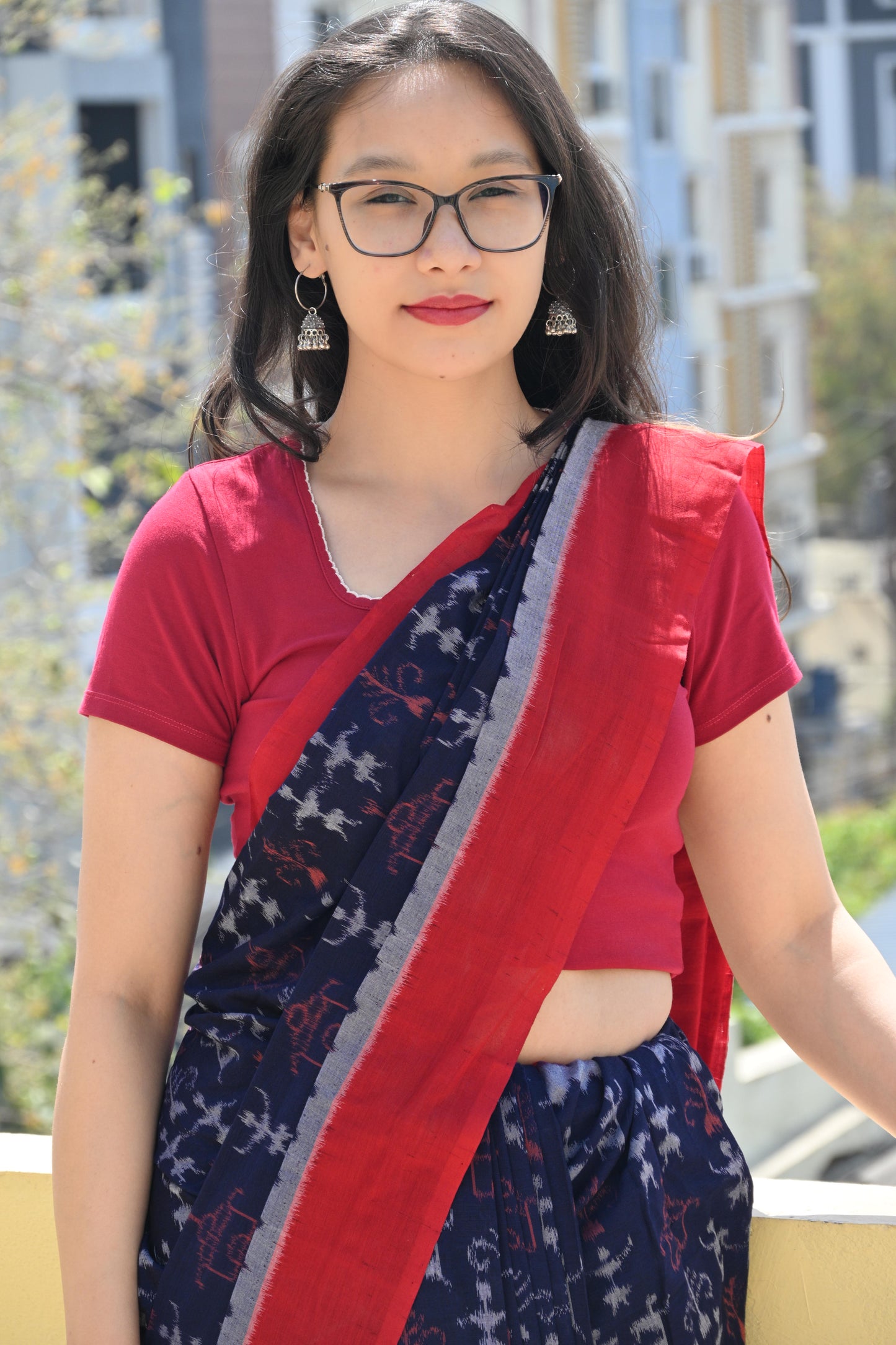 Midnight Blue Sambalpuri Handloom Saree with Red Border - Earthyweaves