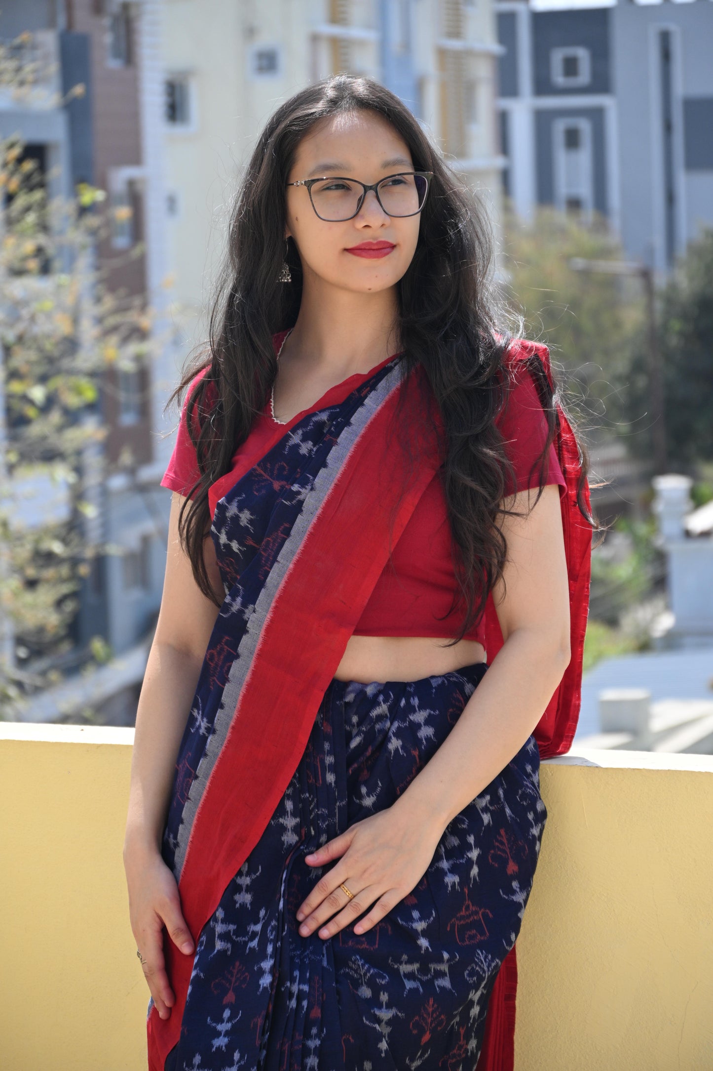 Midnight Blue Sambalpuri Handloom Saree with Red Border - Earthyweaves