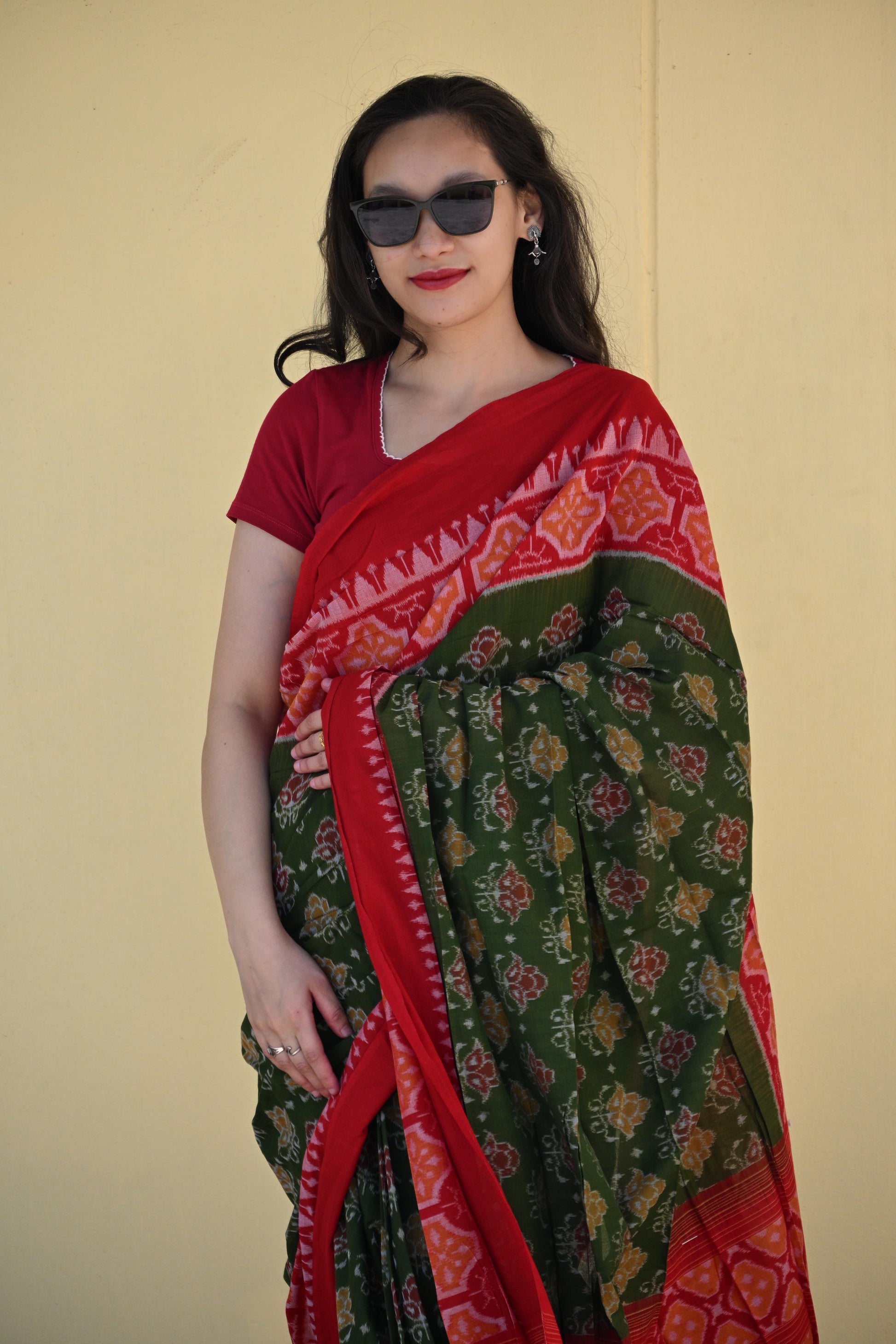 Olive Green Sambalpuri Ikat Saree with Red Border - Earthyweaves