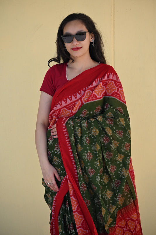 Olive Green Sambalpuri Ikat Saree with Red Border - Earthyweaves