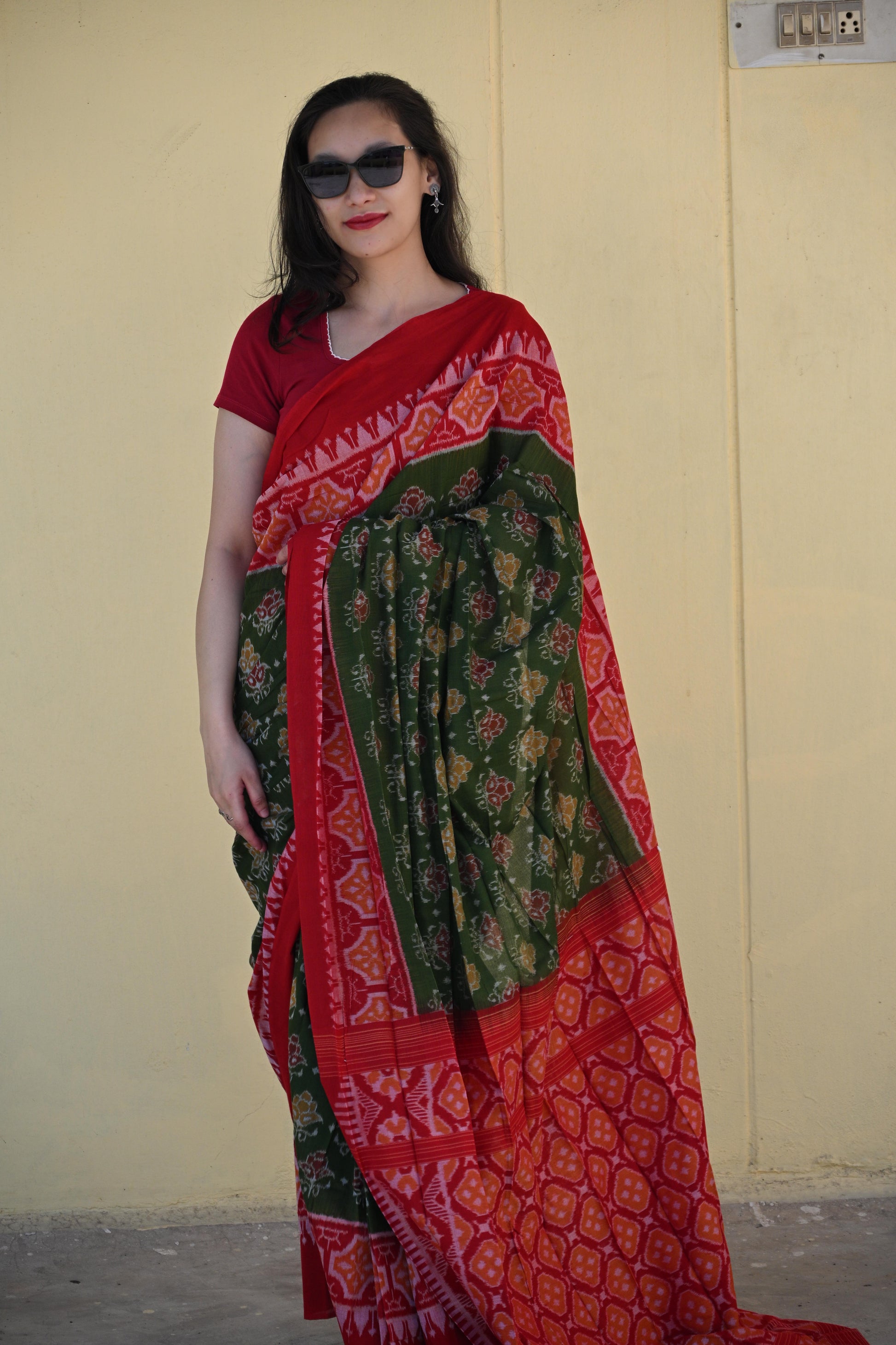 Olive Green Sambalpuri Ikat Saree with Red Border - Earthyweaves