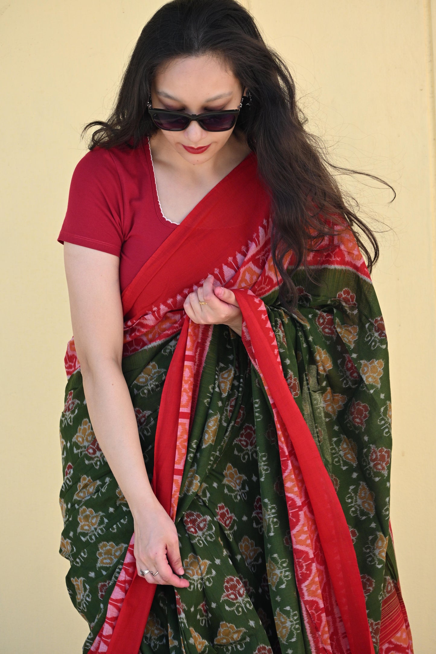 Olive Green Sambalpuri Ikat Saree with Red Border - Earthyweaves