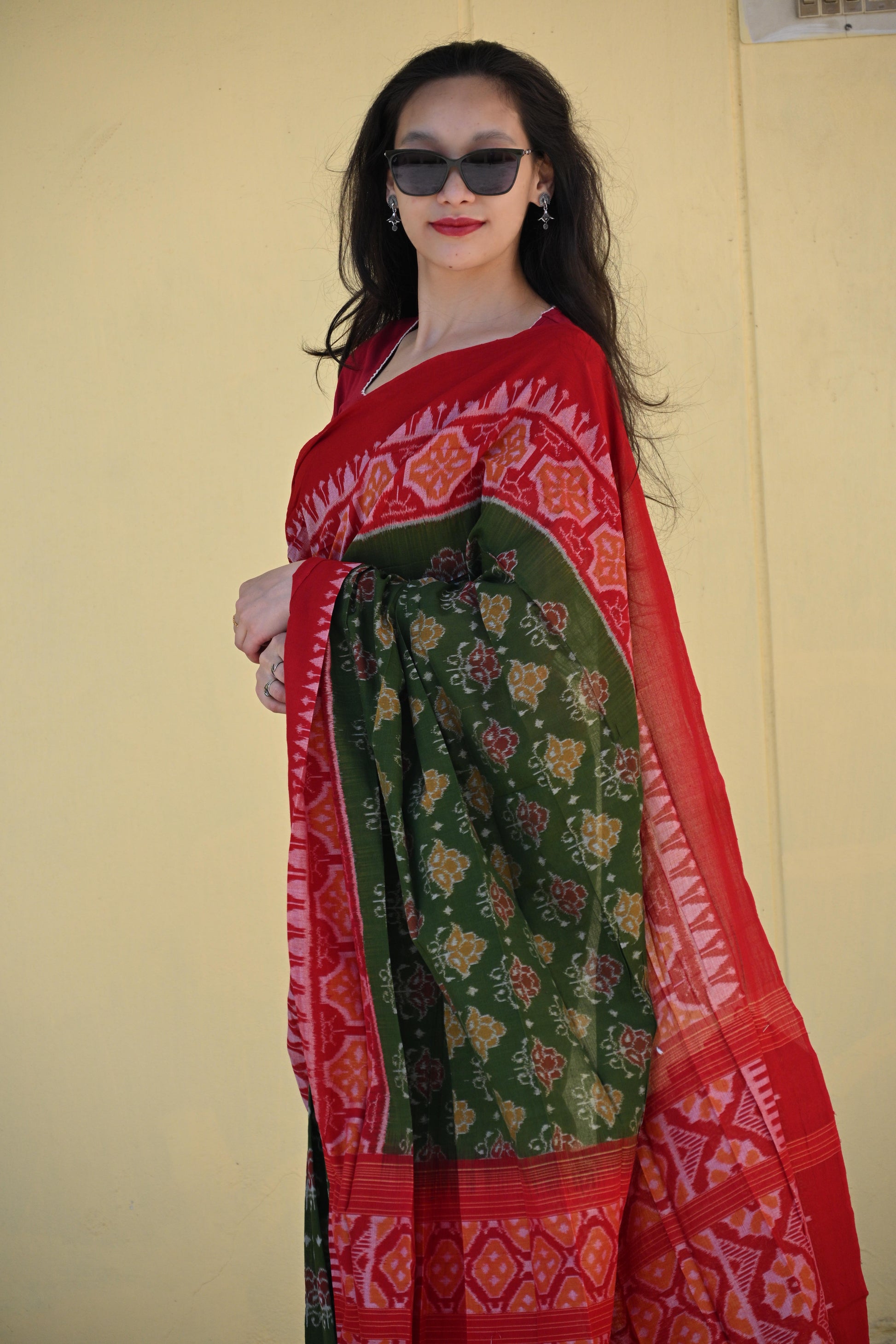 Olive Green Sambalpuri Ikat Saree with Red Border - Earthyweaves