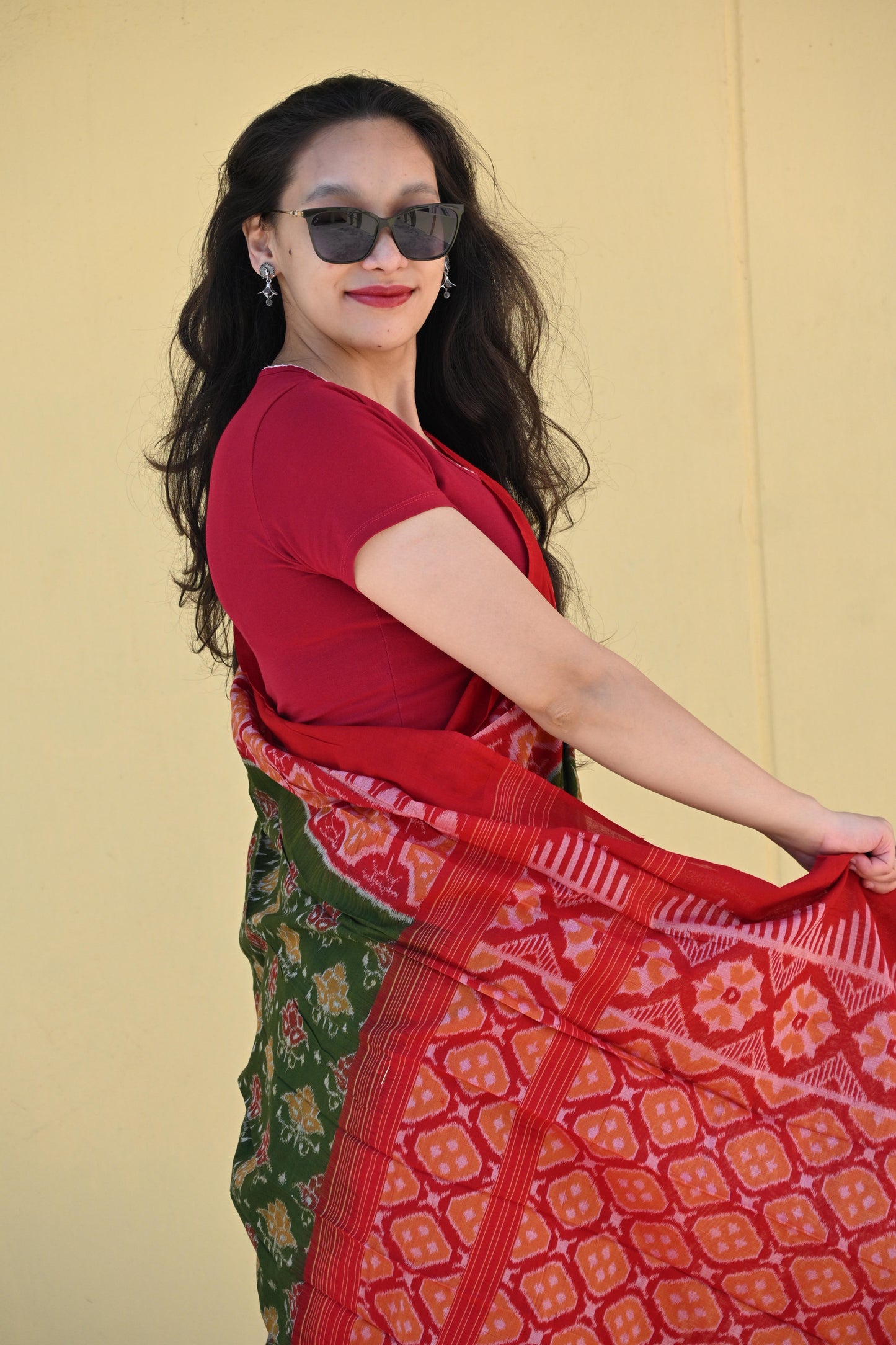 Olive Green Sambalpuri Ikat Saree with Red Border - Earthyweaves
